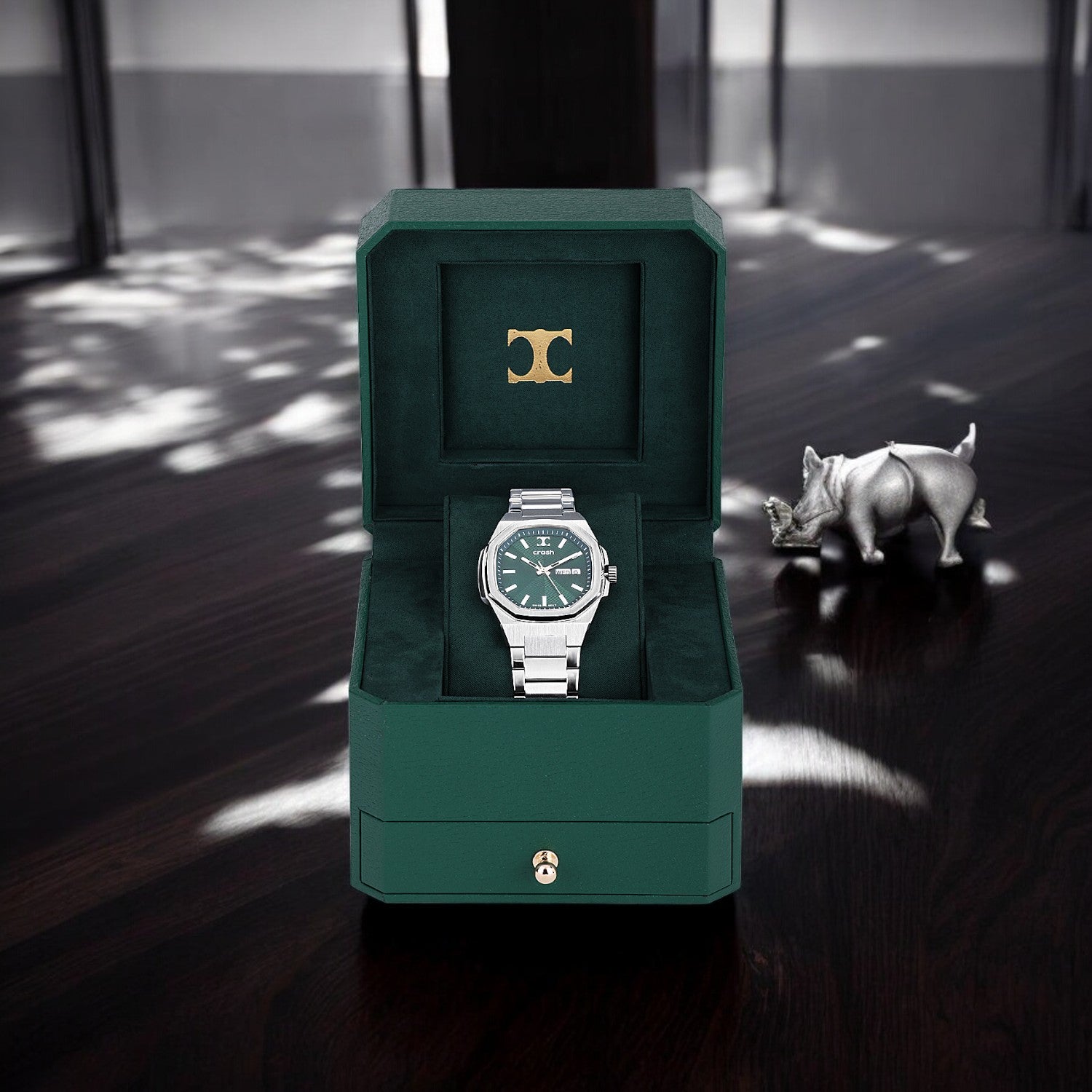 Swiss Movement Octagonal Silver Stainless Steel Watch For Men with Green Dial by Crash | SKU : ACC2408