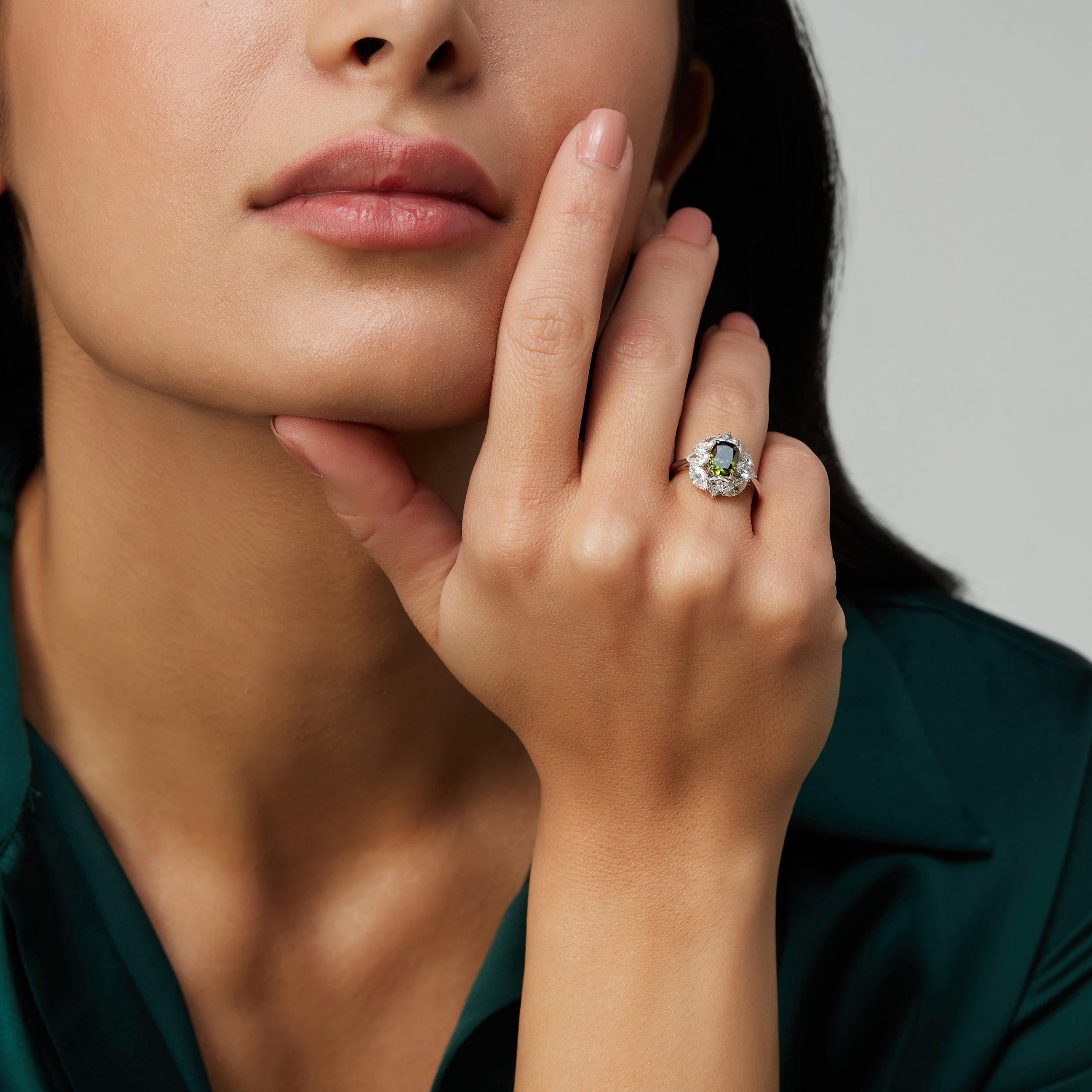 Vivid Green Cushion- Marquise-Pear-Rose Cut Lab Grown Ring with White Diamond Accents | SKU:0019463278