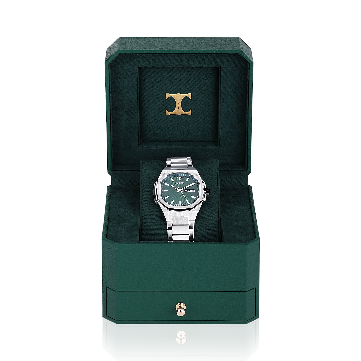 Swiss Movement Octagonal Silver Stainless Steel Watch For Men with Green Dial by Crash | SKU : ACC2408