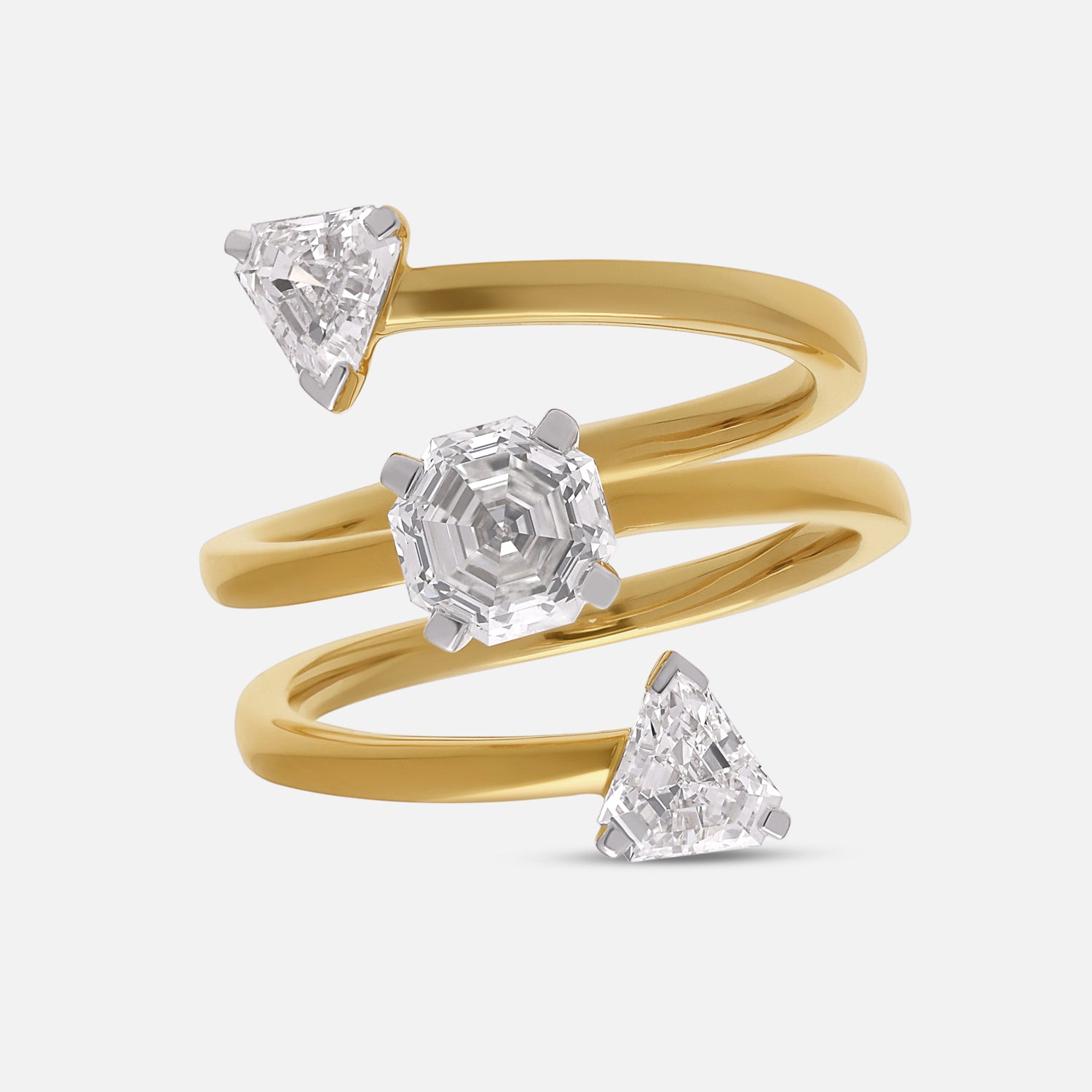 Lab-Grown Octagon Step-Cut and Trillion Step-Cut Spiral Ring in Yellow Gold Finish | SKU : 0003767924