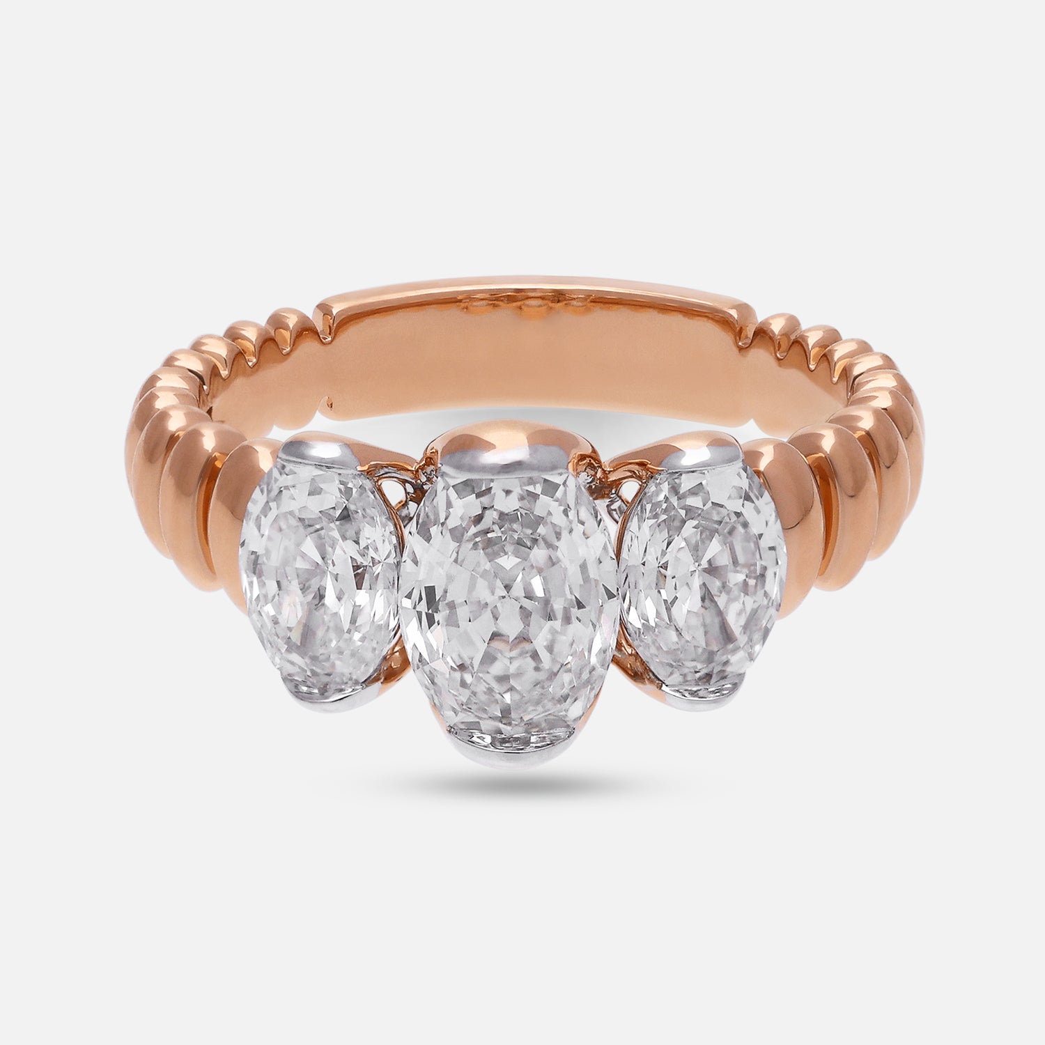 Rose Gold Textured Band Ring with Oval Step-Cut Lab-Grown Diamonds | SKU : 0003761656