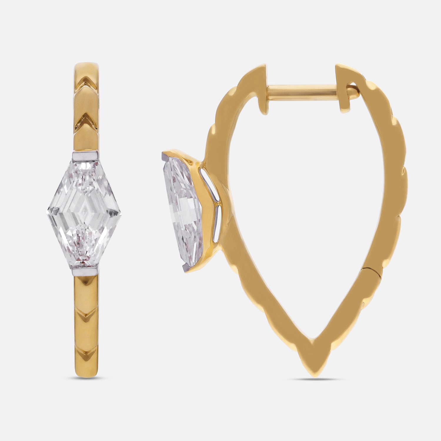 Lozenge Blunt-Cut Lab-Grown Diamond Engraved Yellow Gold Hoop Earrings | SKU : 0021918032