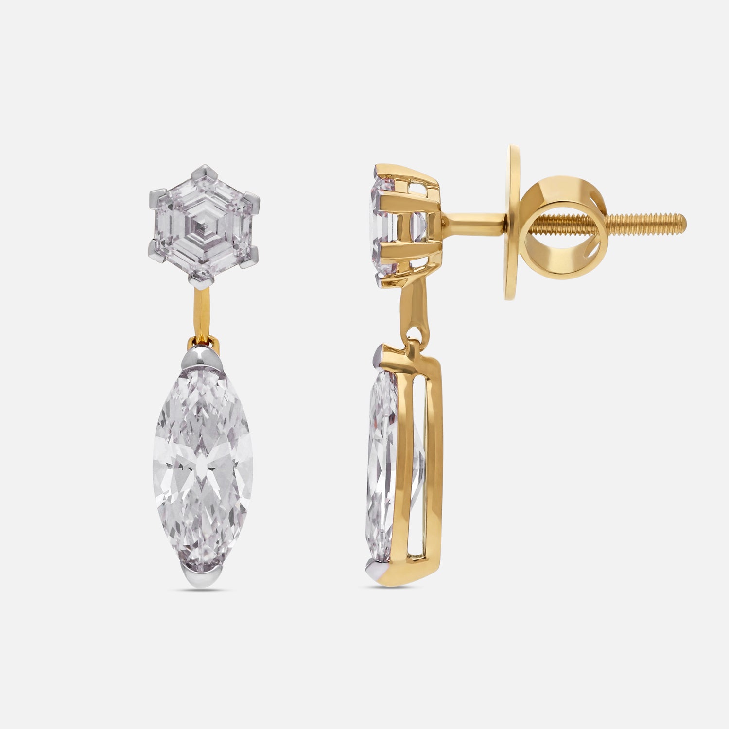 Hexagon Step Cut & Roval Lab-Grown Diamond Drop Earrings in Yellow Gold | SKU : 0021918063