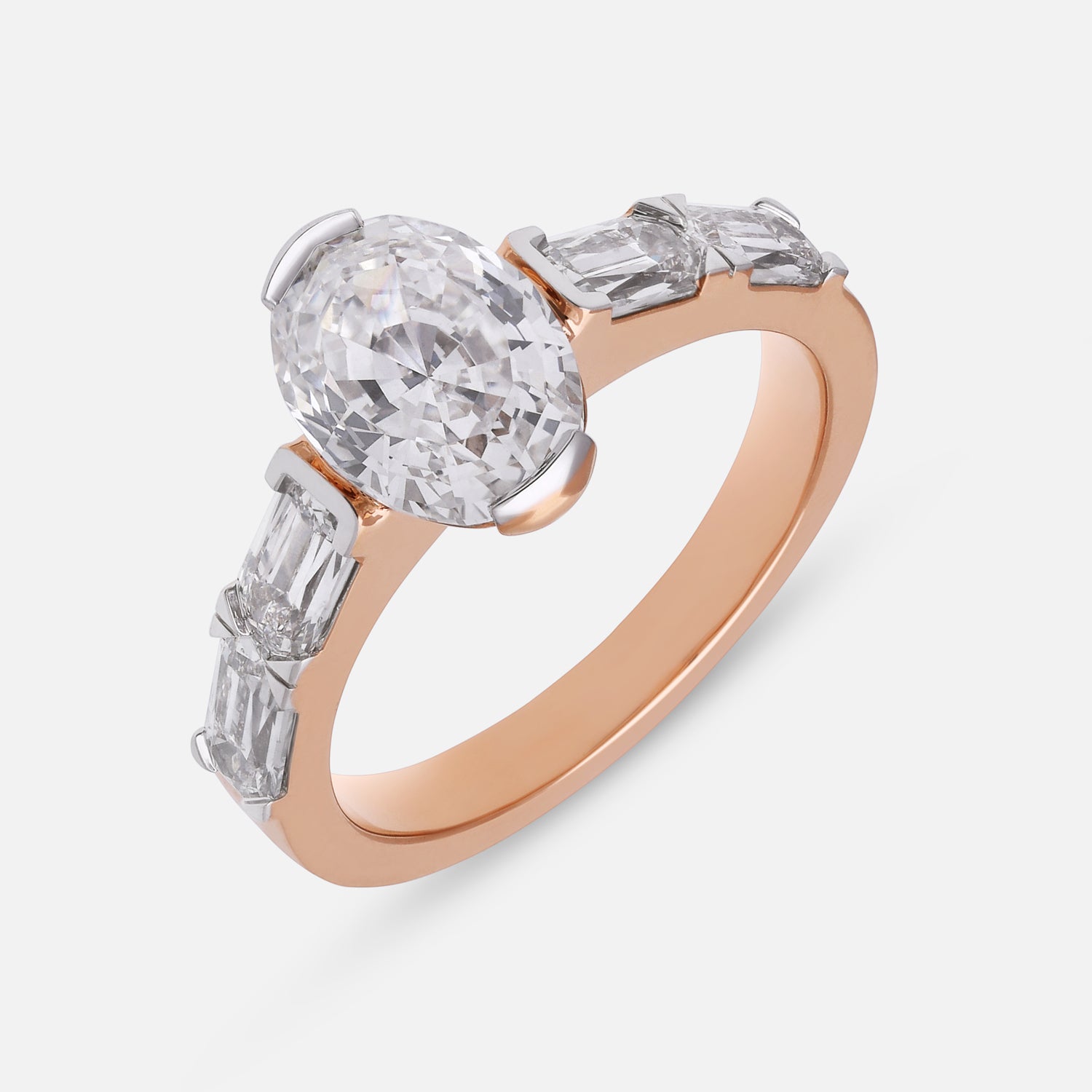 Rose Gold Oval Step-Cut Lab-Grown Diamond Ring with Elongated Cushion-Cut Side Stones | SKU : 0021920264