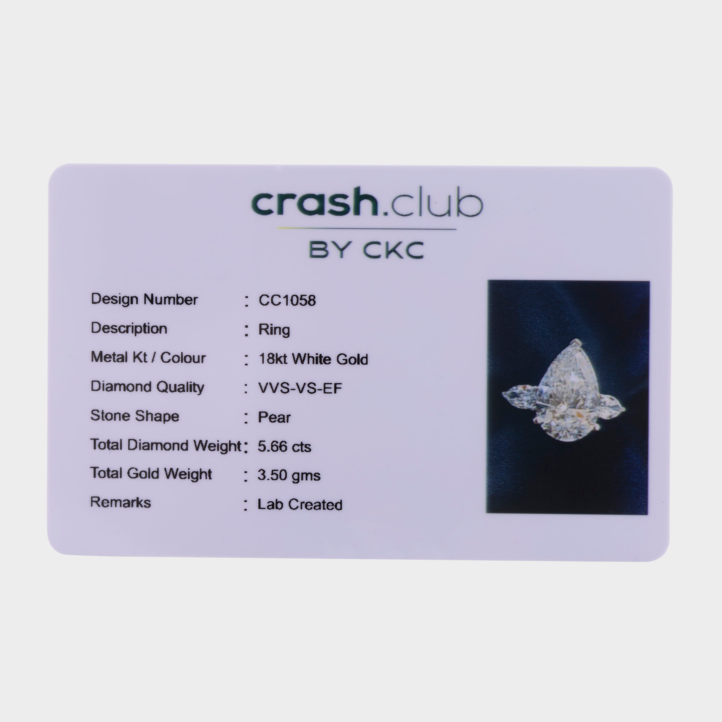 White Gold Ring with Pear Cut 5.66 Carat Lab-Grown Solitaire Diamond | SKU : 0020245993 - crash.club by CKC