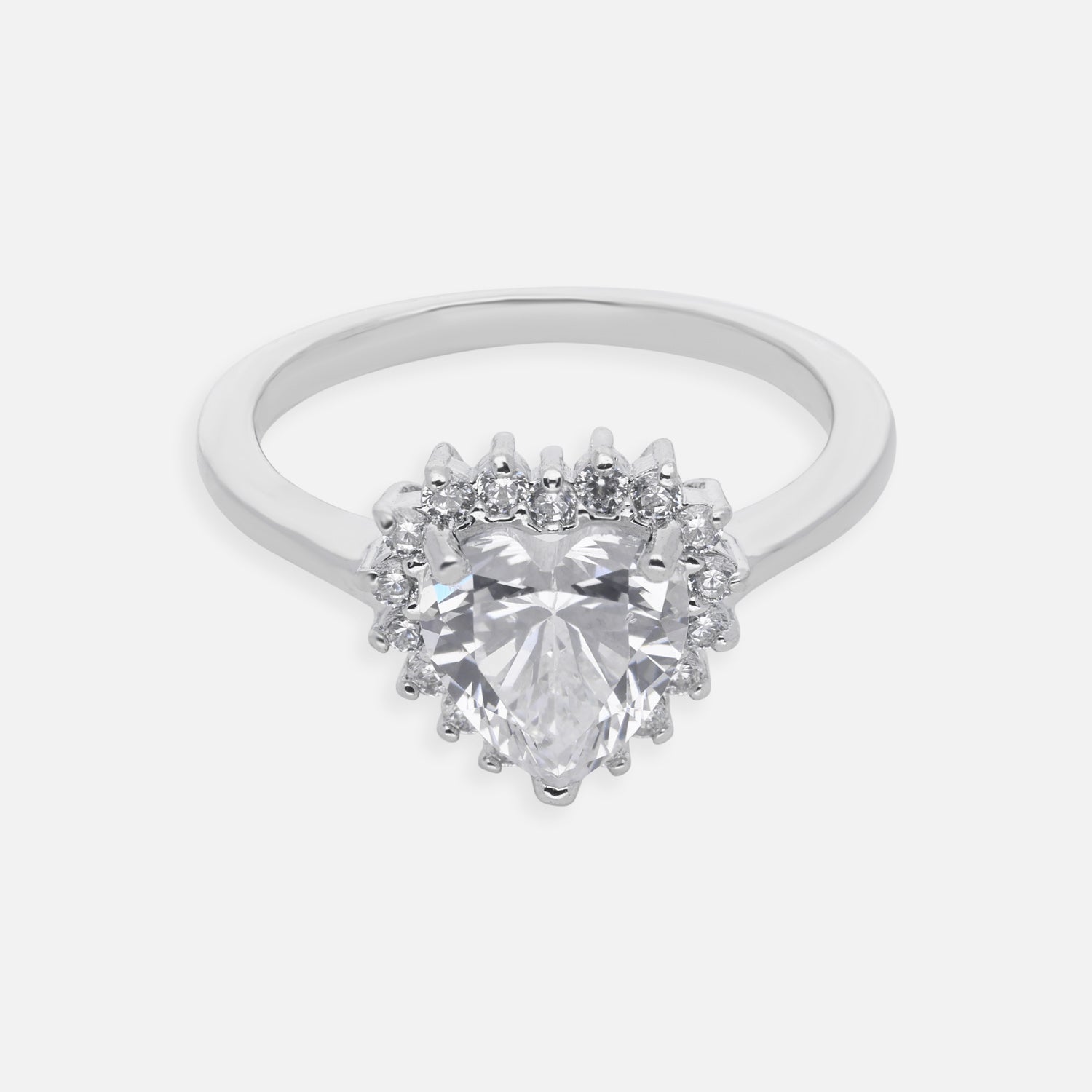 Sterling Silver White Heart Sunburst Halo Ring — Valentine Collection | SKU: 0022621436, 0022621443, 0022621450, 0005682607, 0005682614, 0005682621, 0005682638, 0005682645, 0005682652, 0005682669
