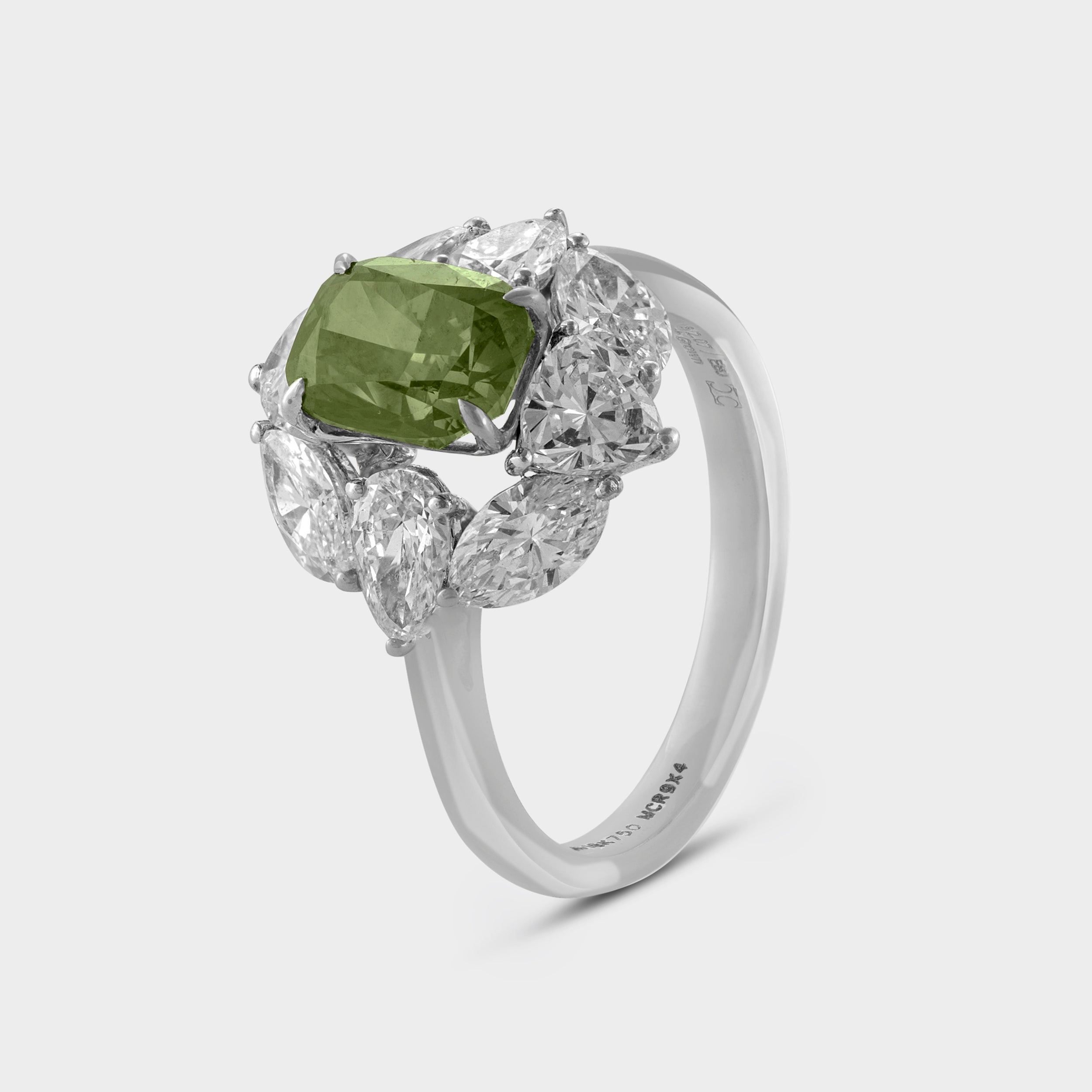 Verdant Vista: Cushion-Cut Green Diamond Ring with White Diamond Accents | SKU:0019463278