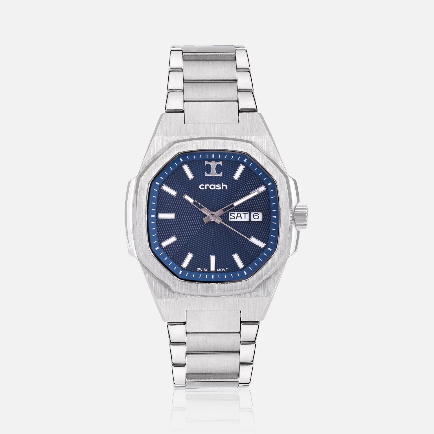 Swiss Movement Octagonal Silver Stainless Steel Watch For Men with Blue Dial by Crash | SKU : ACC2409