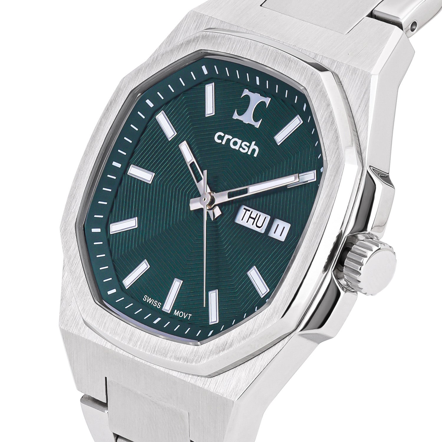 Swiss Movement Octagonal Silver Stainless Steel Watch For Men with Green Dial by Crash | SKU : ACC2408