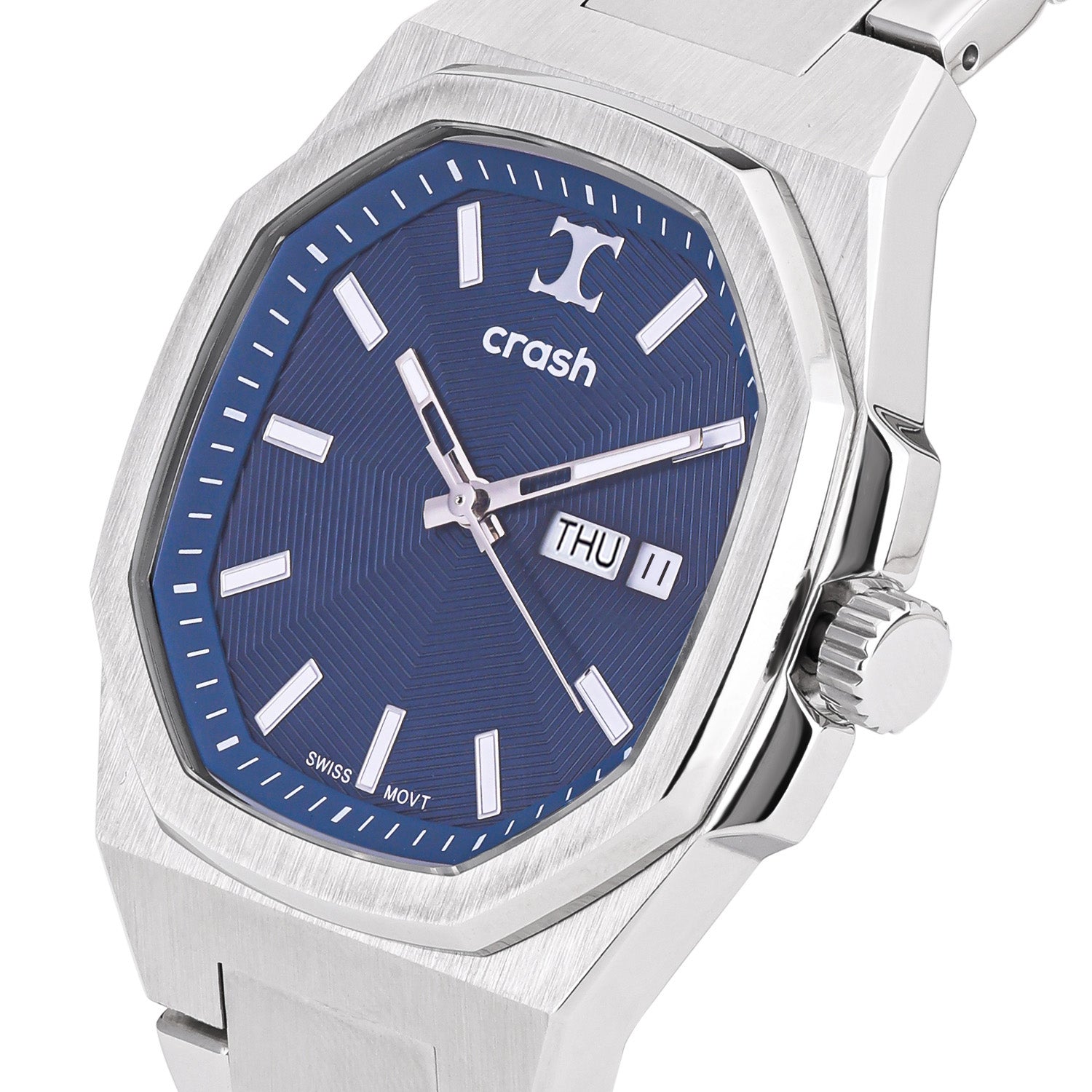 Swiss Movement Octagonal Silver Stainless Steel Watch For Men with Blue Dial by Crash | SKU : ACC2409