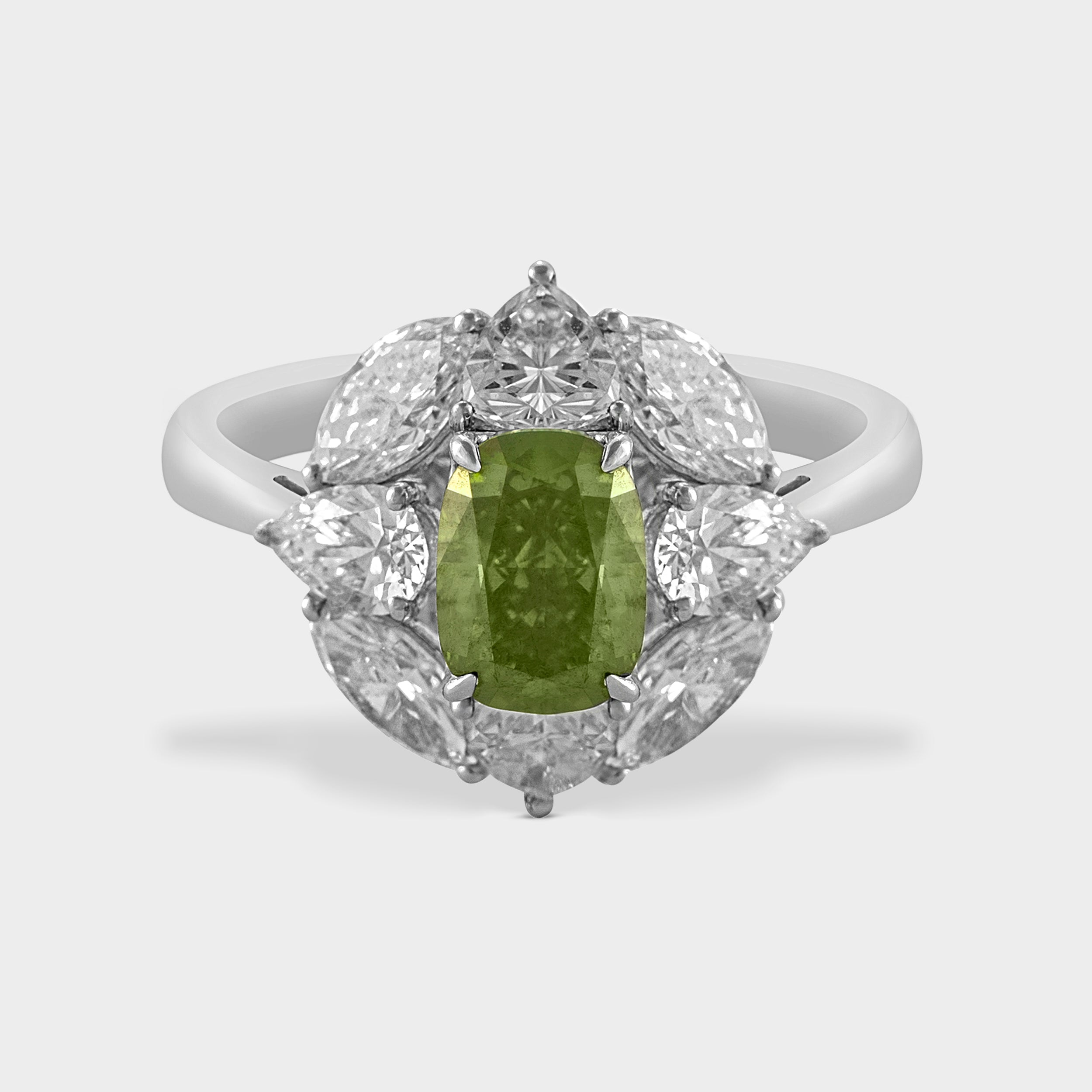 Vivid Green Cushion- Marquise-Pear-Rose Cut Lab Grown Ring with White Diamond Accents | SKU:0019463278