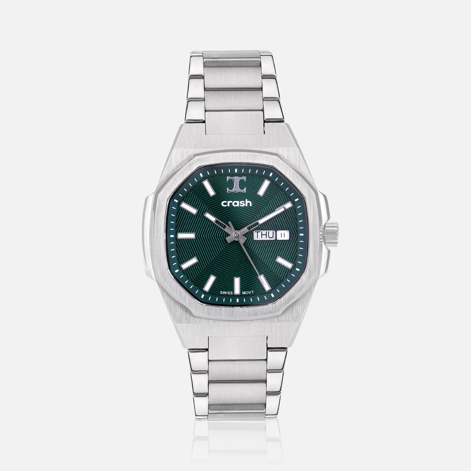Swiss Movement Octagonal Silver Stainless Steel Watch For Men with Green Dial by Crash | SKU : ACC2408