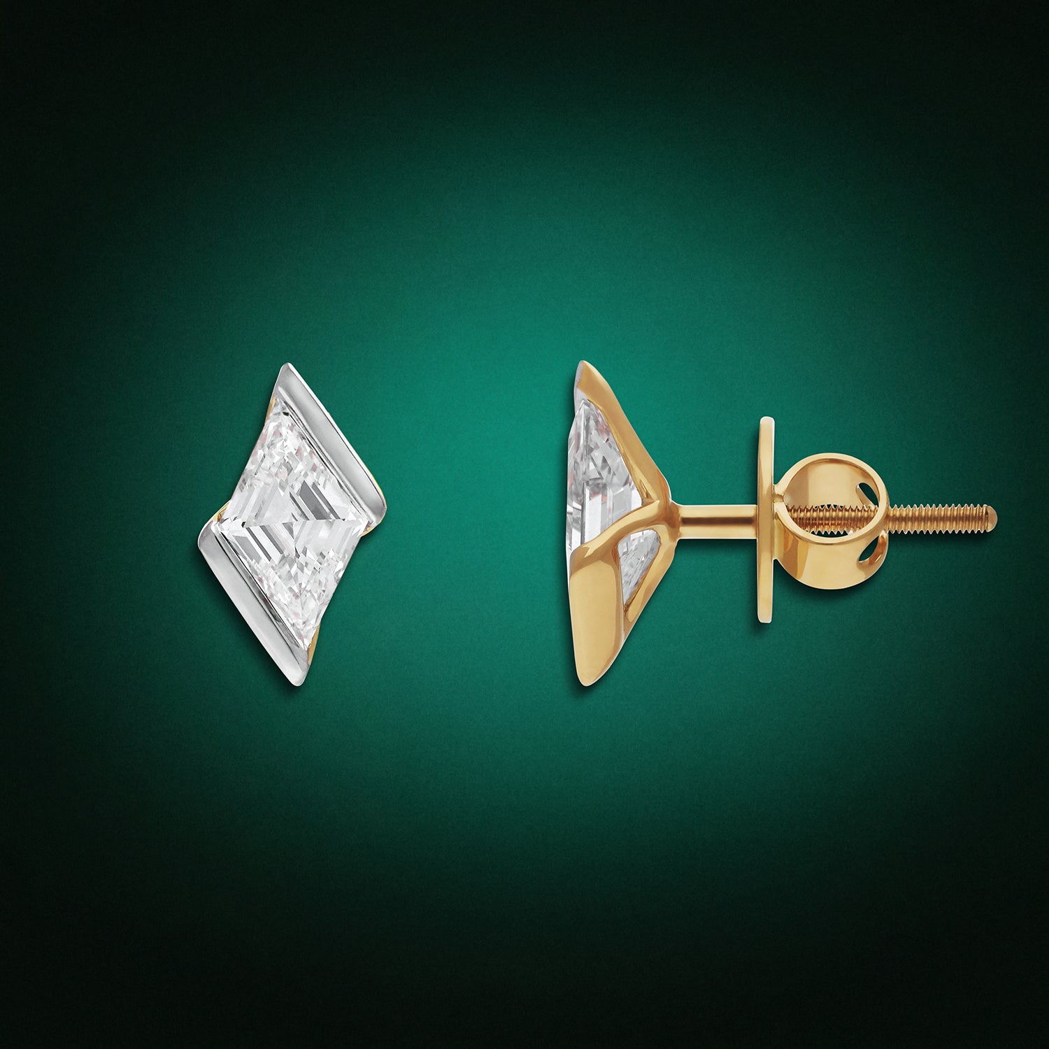 Gold Stud Earrings with Lozenge-Cut Lab-Grown Diamonds in Bezel Twist Setting | SKU : 0021911705