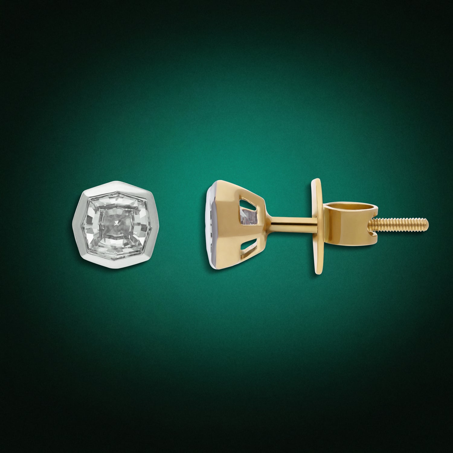 Gold Stud Earrings with Octagonal Cushion-Cut Lab-Grown Diamonds in Hexagon Bezel Setting | SKU : 0021911620