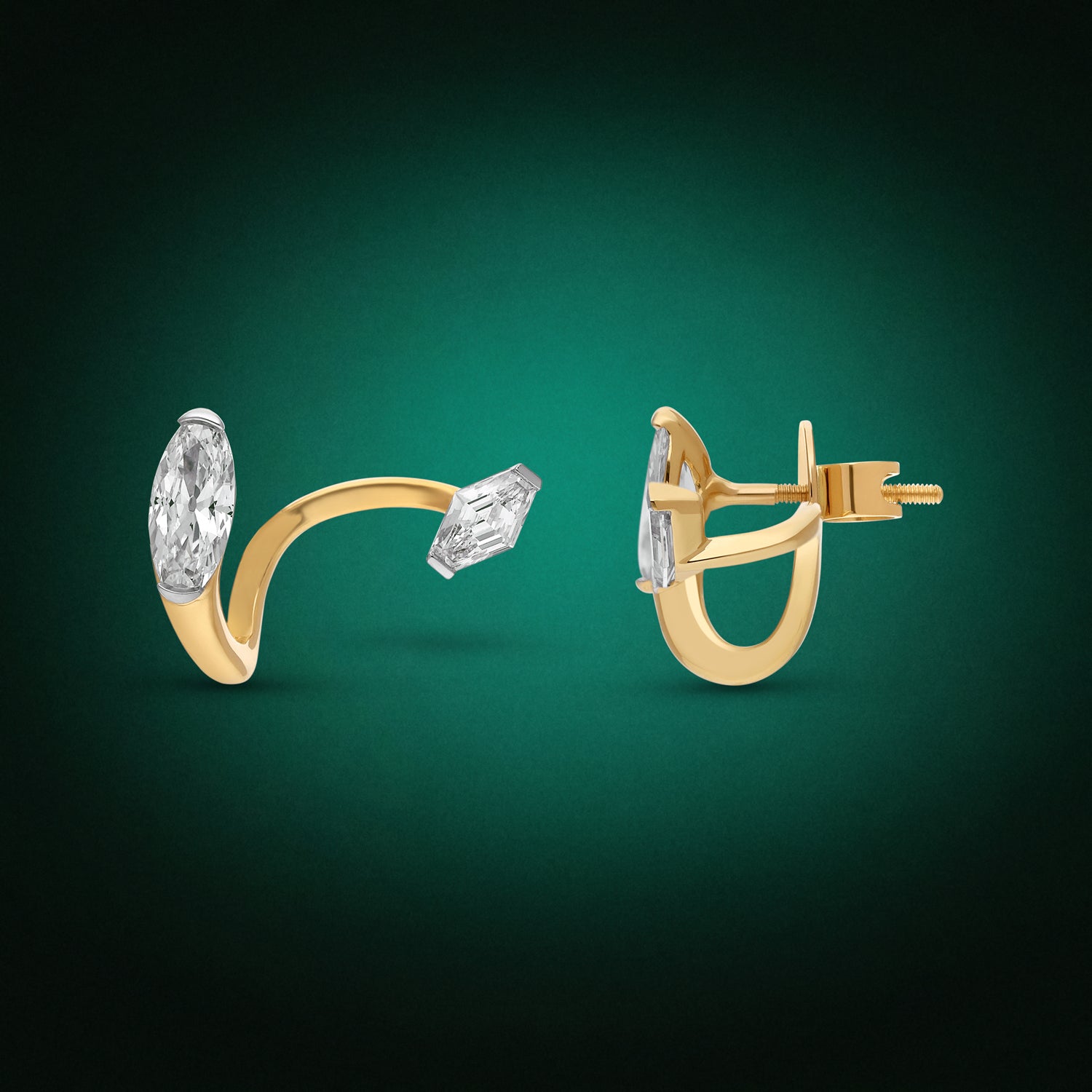 Gold Stud Earrings with Lozenge Blunt and Roval Cut Lab-Grown Diamonds | SKU : 0021918117
