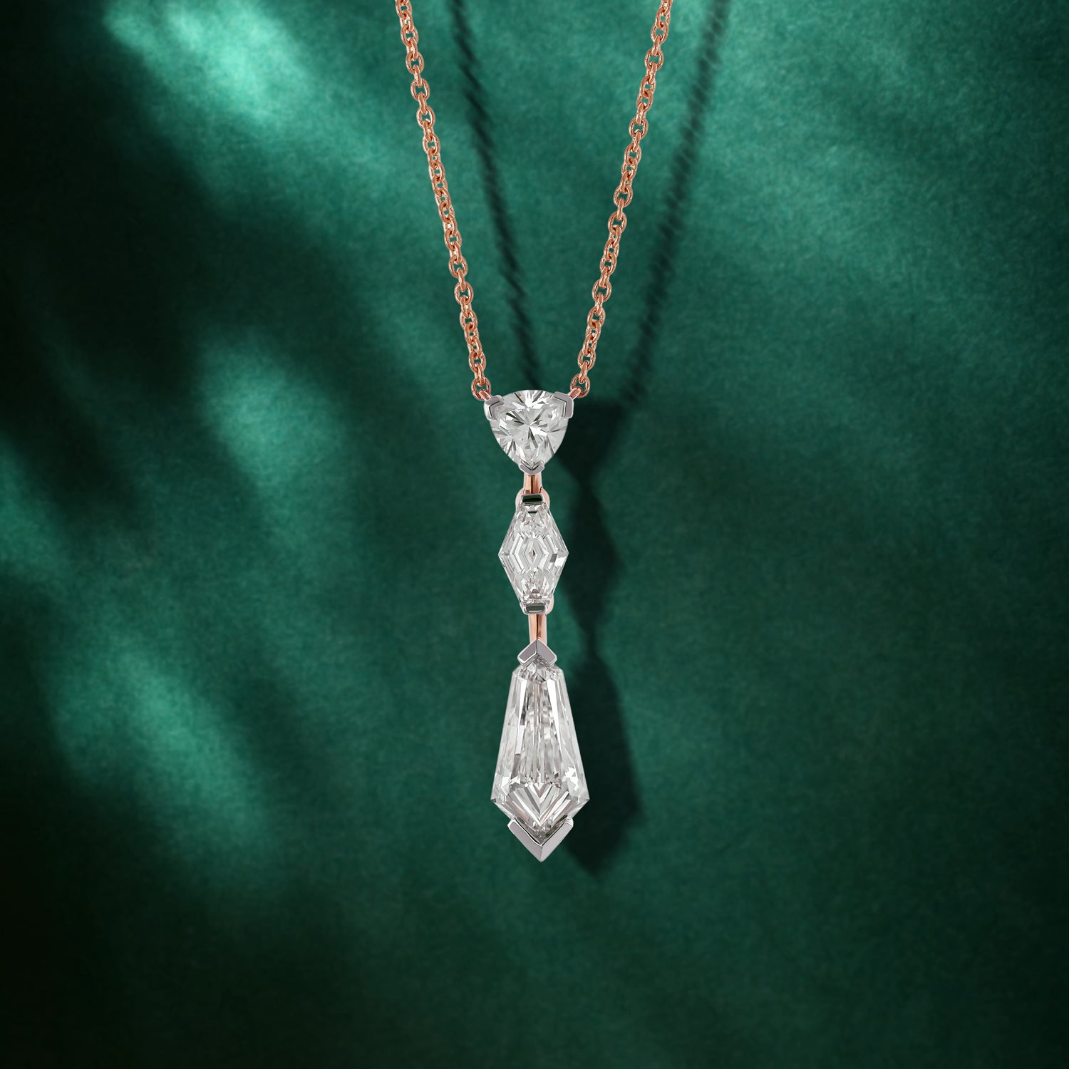 Gold Pendant Necklace with Trillion Step & Shield Cut Lab-Grown Diamonds in Vertical Drop Design | SKU : 0003759615
