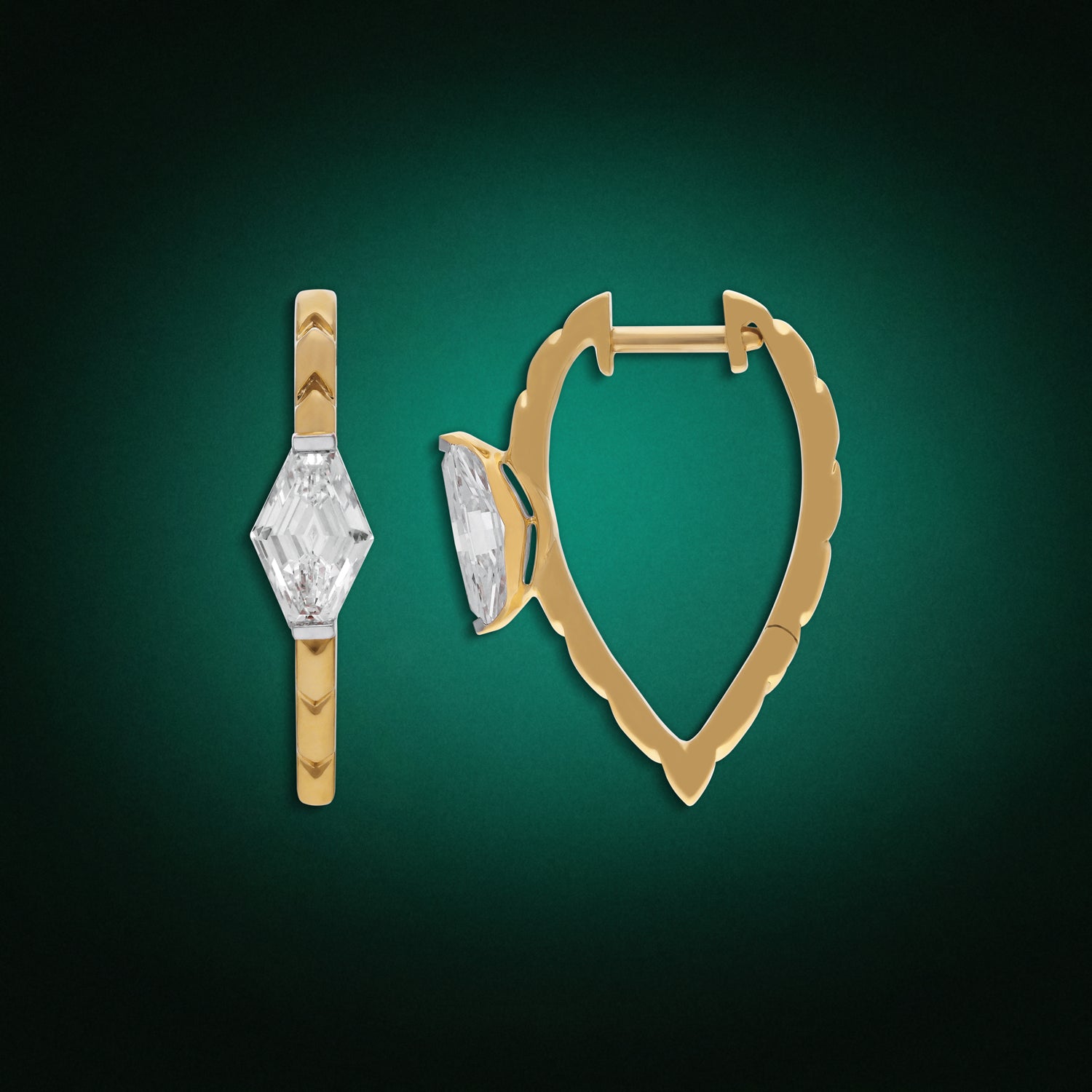 Lozenge Blunt-Cut Lab-Grown Diamond Engraved Yellow Gold Hoop Earrings | SKU : 0021918032