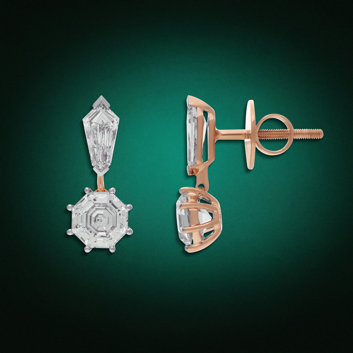 Rose Gold Drop Earrings with Octagon Step Cut and Tie Narrow Pointed-Cut Lab-Grown Diamonds | SKU : 0003759677