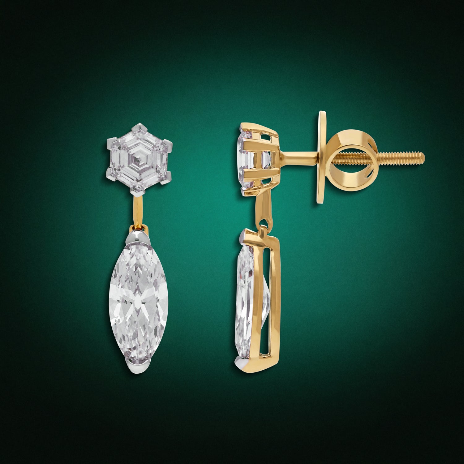 Hexagon Step Cut & Roval Lab-Grown Diamond Drop Earrings in Yellow Gold | SKU : 0021918063