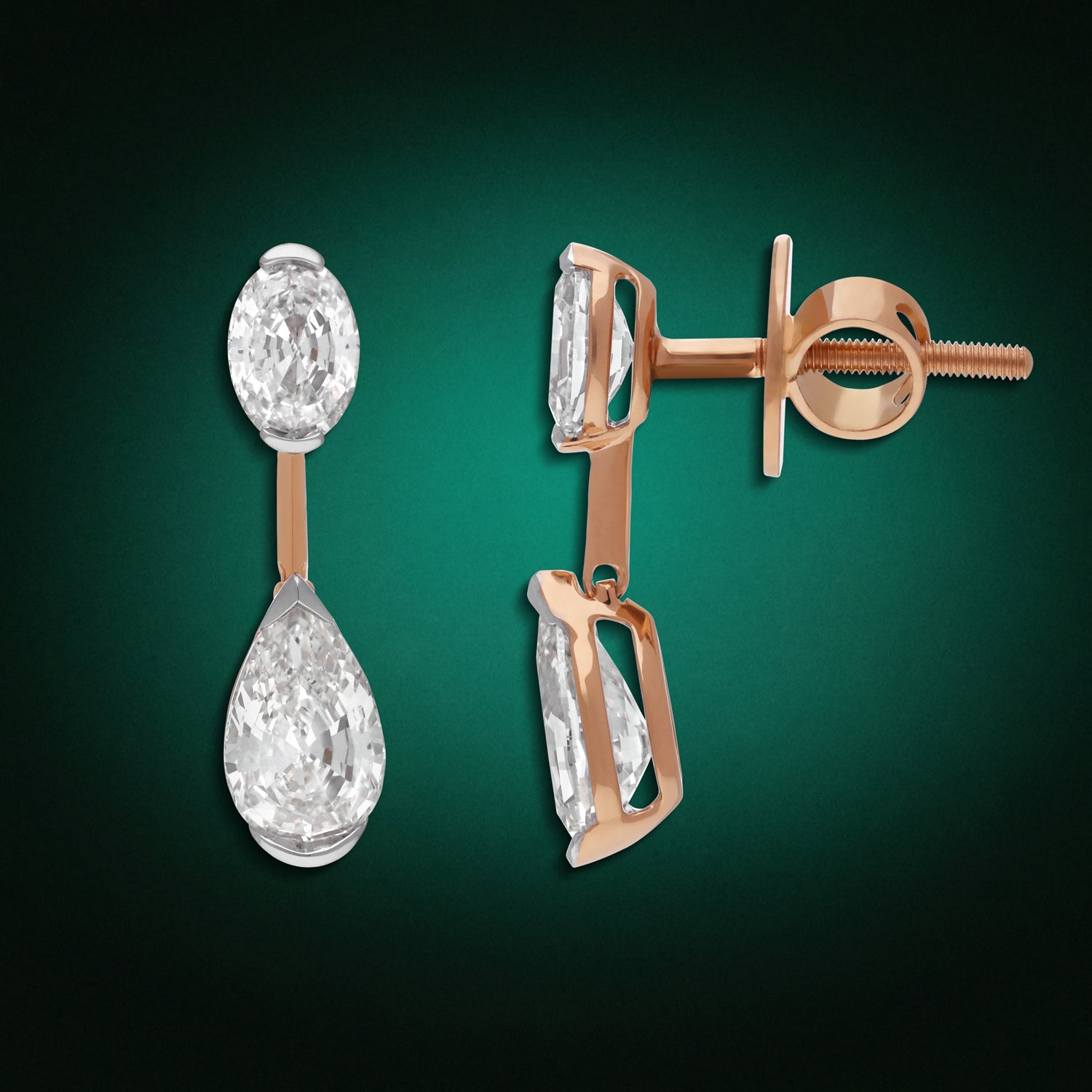 Rose Gold Drop Earrings with Oval Step and Pear Step-Cut Lab-Grown Diamonds | SKU : 0003759684