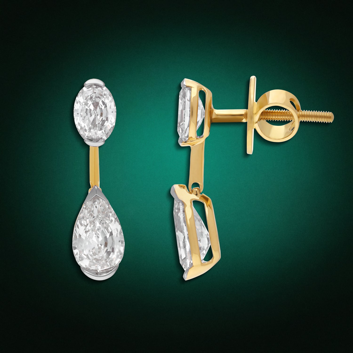 Oval Step Cut & Pear Step Cut Lab-Grown Diamond Drop Earrings in Yellow Gold |  SKU : 0021918087