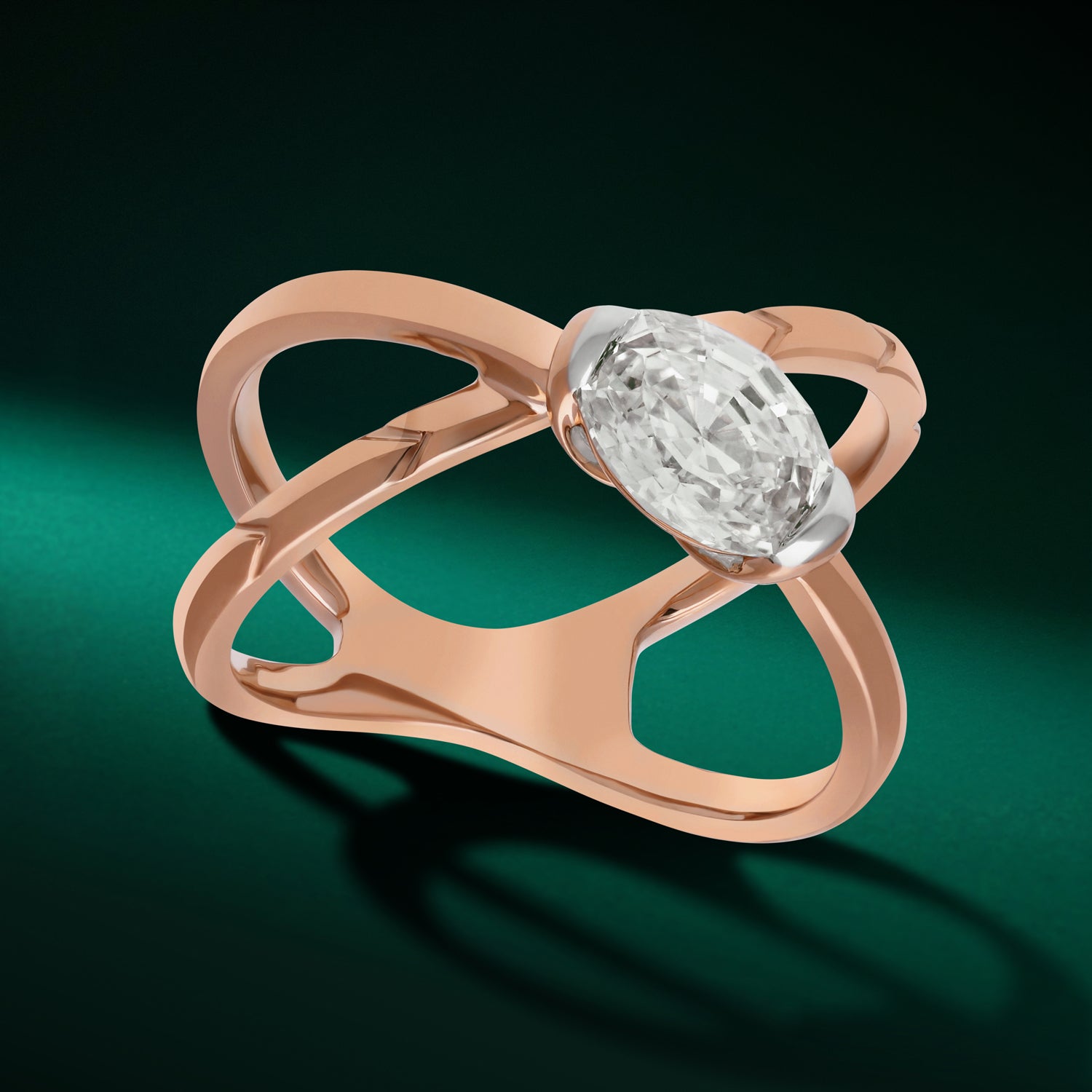 Criss-Cross Rose Gold Ring with Oval Step-Cut Lab-Grown Diamond | SKU : 0021923418