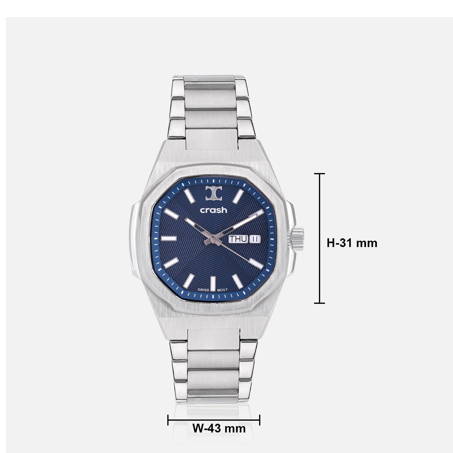Swiss Movement Octagonal Silver Stainless Steel Watch For Men with Blue Dial by Crash | SKU : ACC2409
