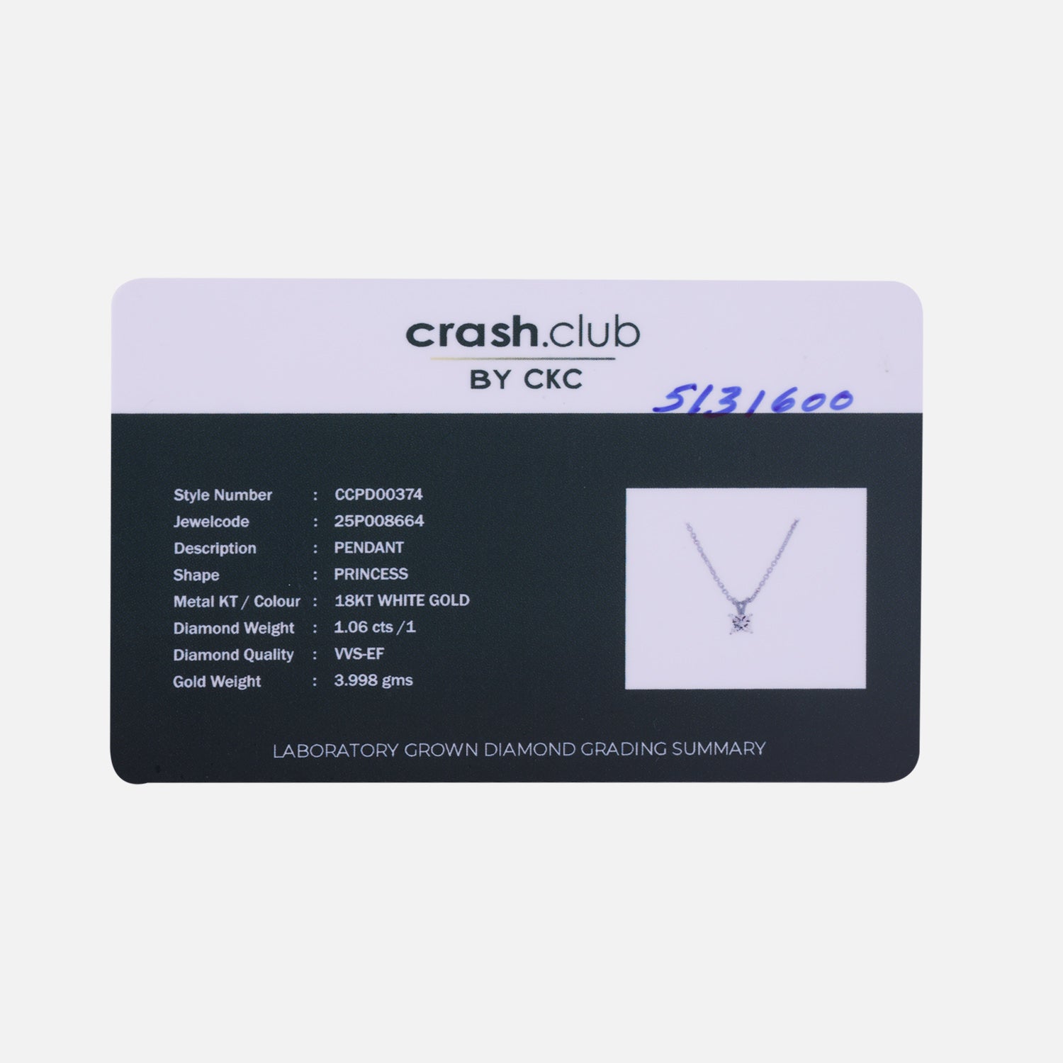 Lab Grown 1.06 Carat Princess Cut Diamond Solitaire Chain Pendant in 18 Karat Gold | SKU : 0005131600