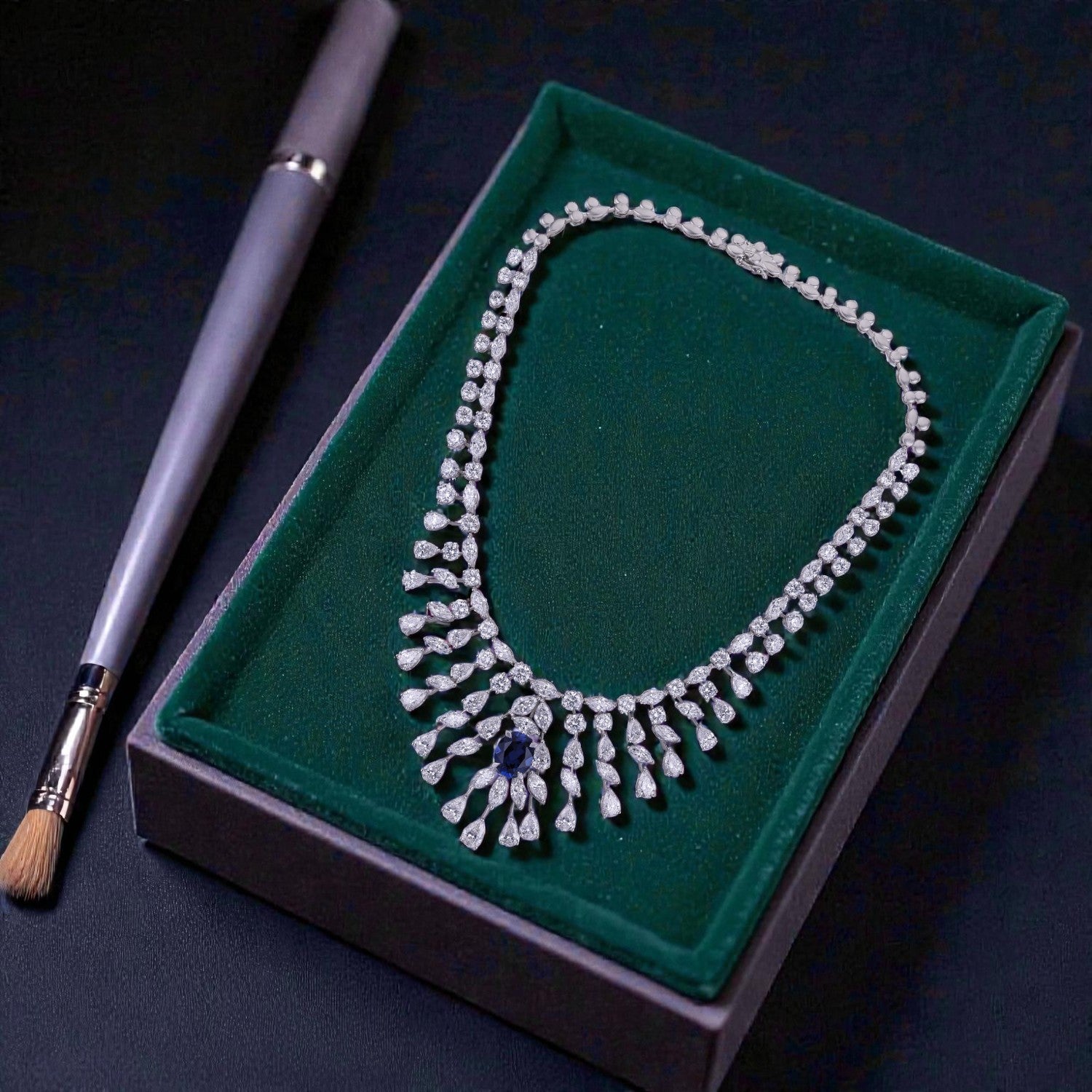 Lab Grown 41.93 Carat Diamond Necklace with Blue Sapphire in 18 Karat White Gold | SKU : 0005164301