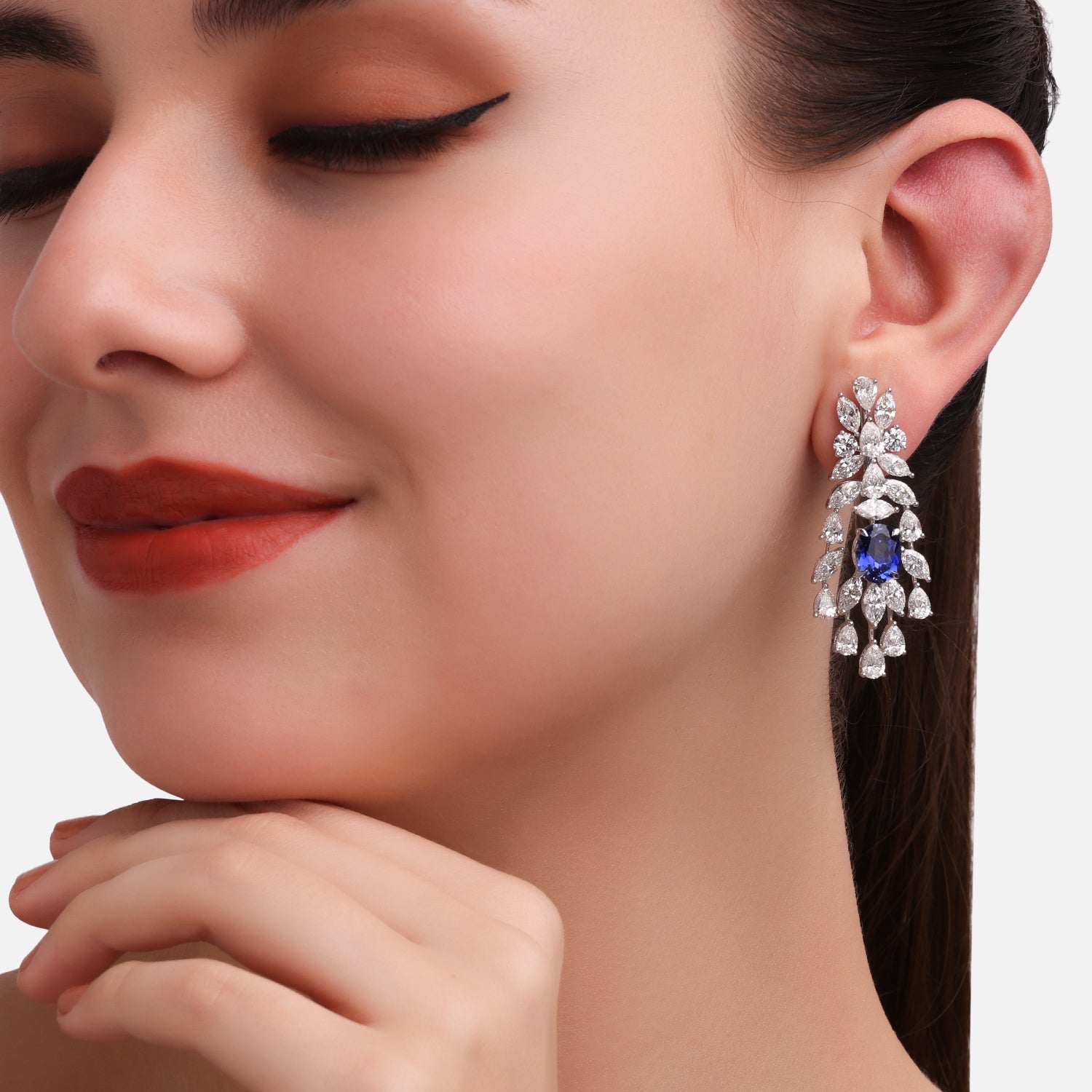 Lab Grown 15.460 Carat Diamond Drop Earrings with Blue Sapphire in 18 Karat White Gold | SKU : 0005164318