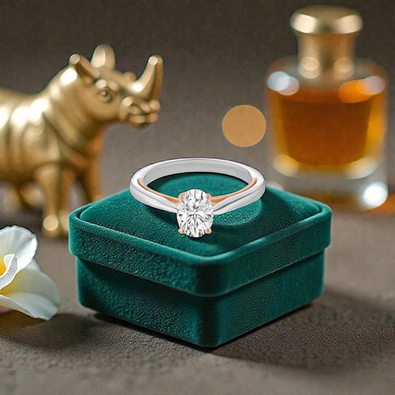 Lab Grown 0.960 Carat Oval Cut Solitaire Ring in 18 Karat White & Rose Gold Jewellery | SKU : 0005174096