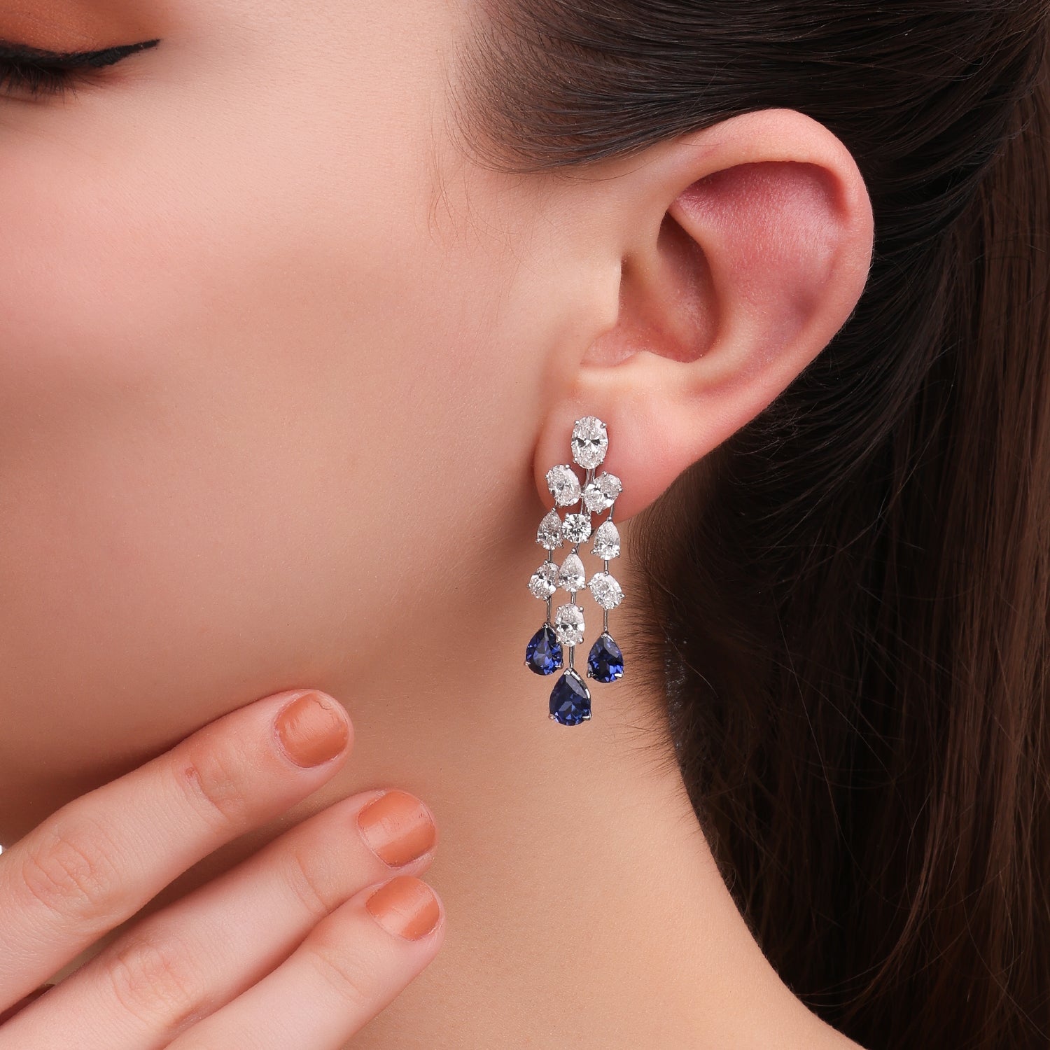 Lab Grown 7.840 Carat Diamond & Blue Sapphire Drop Earrings in 18 Karat White Gold | SKU : 0005201402