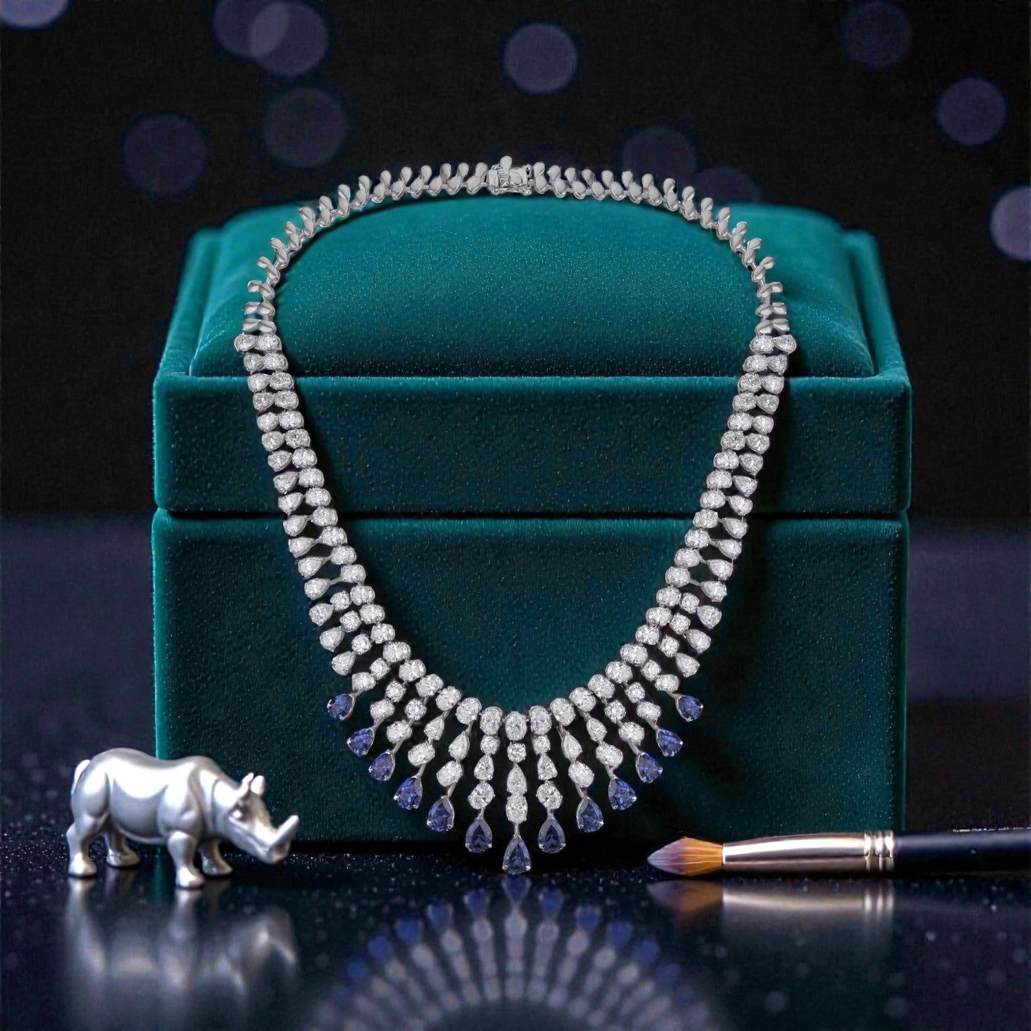 Lab Grown 40.32 Carat Diamond Necklace with Blue Sapphire Drops in 18 Karat White Gold | SKU : 0005201419