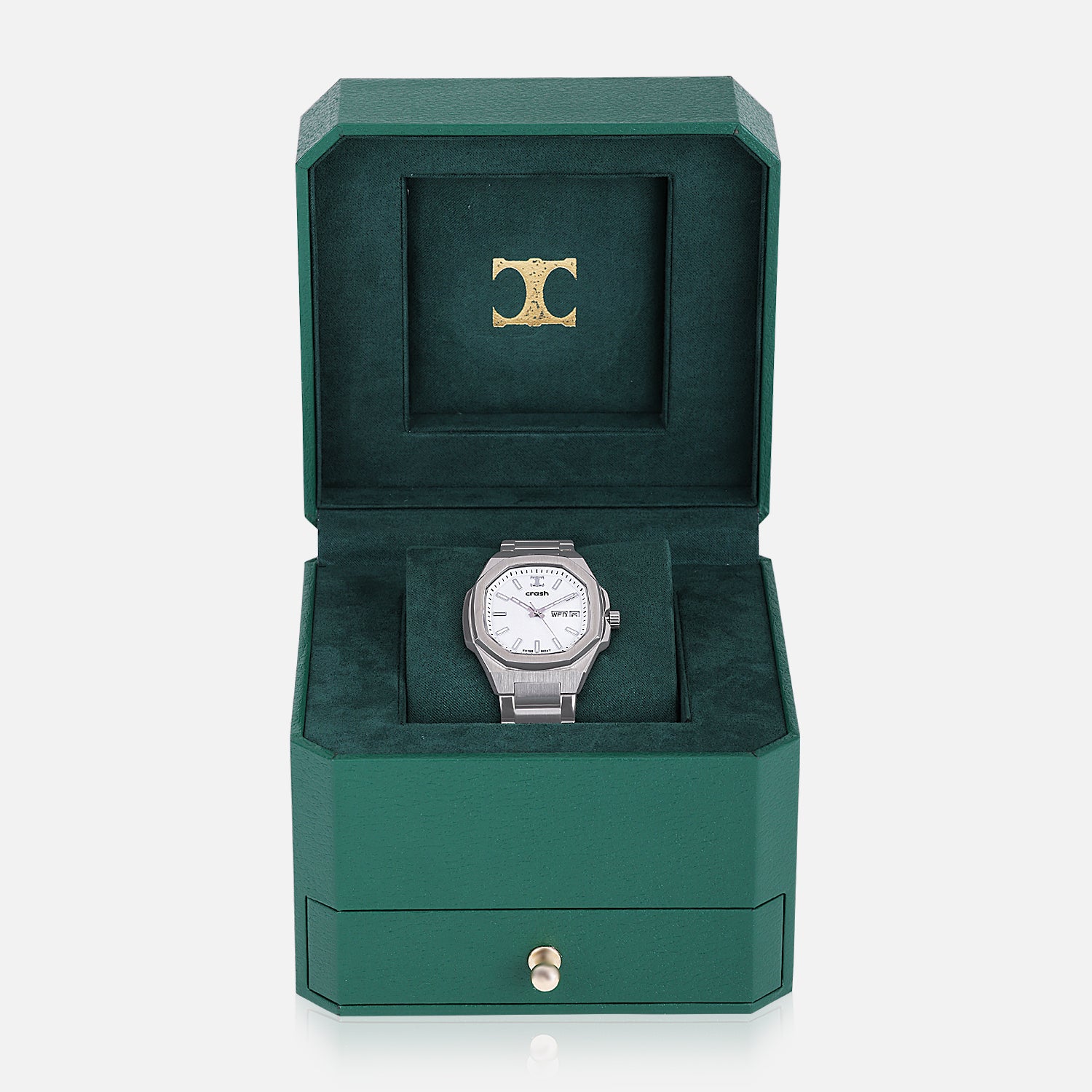 Swiss Movement Octagonal Silver Stainless Steel Watch For Women with White Dial by Crash | SKU : SWISS ACC2405