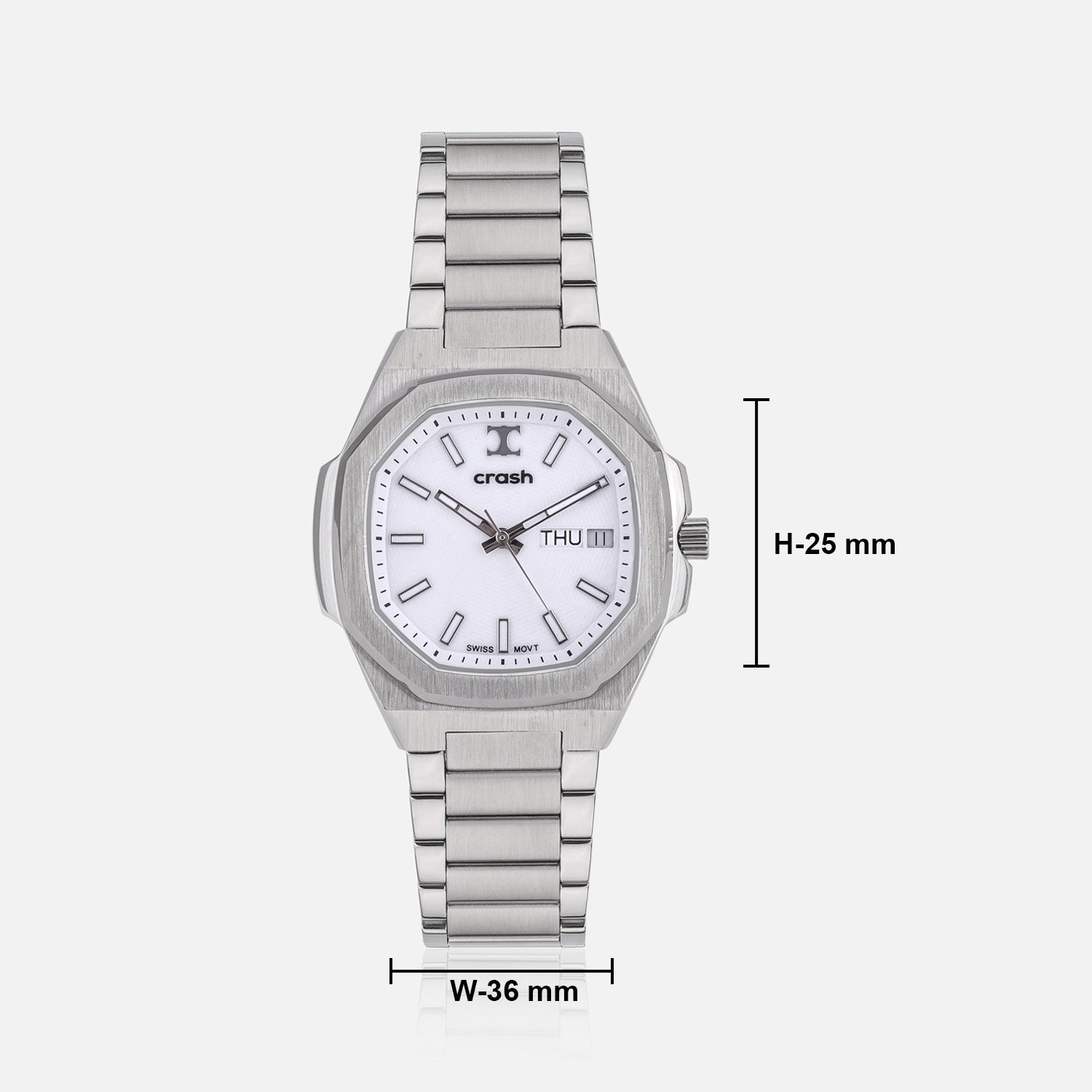 Swiss Movement Octagonal Silver Stainless Steel Watch For Women with White Dial by Crash | SKU : SWISS ACC2405