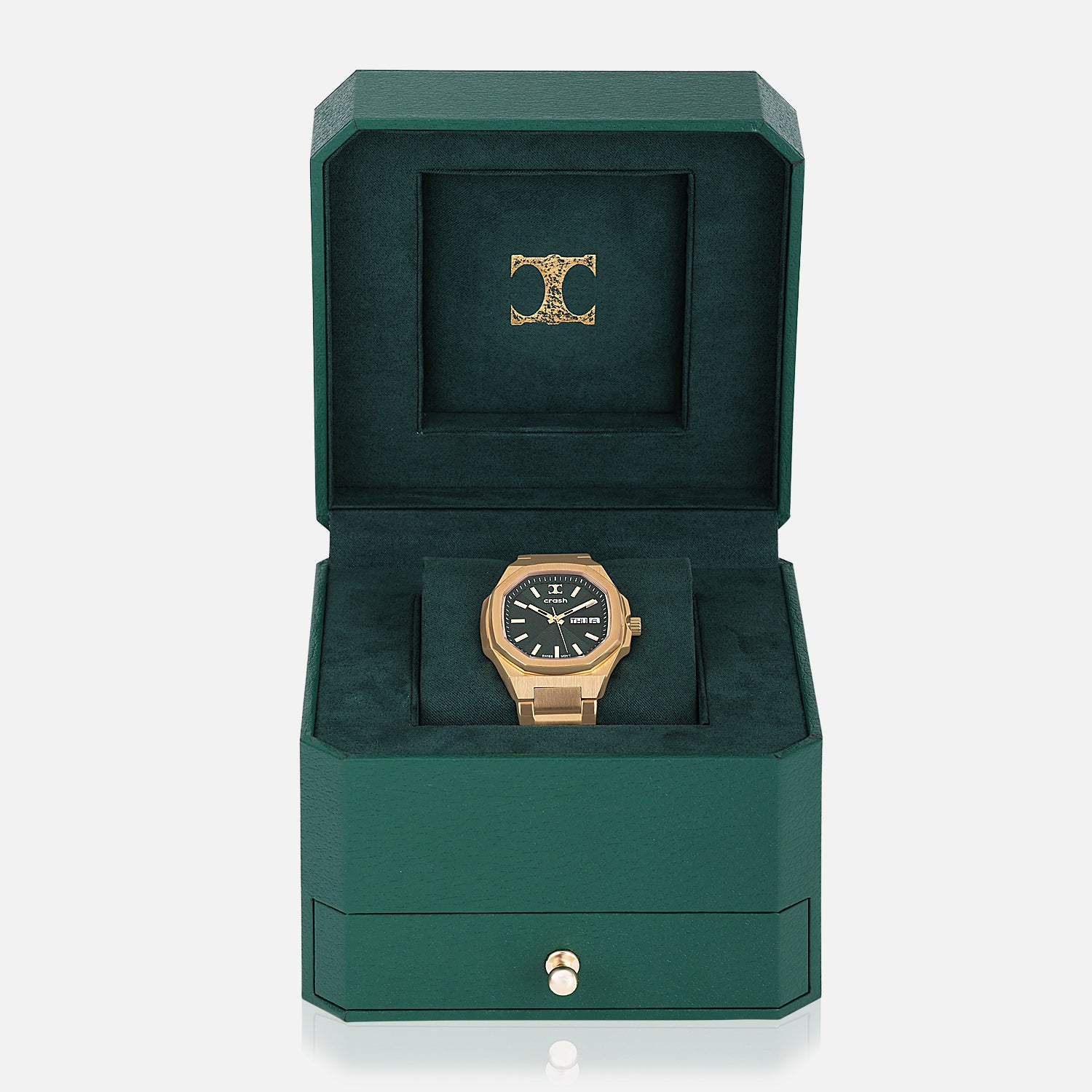 Swiss Movement Octagonal Yellow Gold Stainless Steel Watch For Women with Green Dial by Crash | SKU : ACC2406