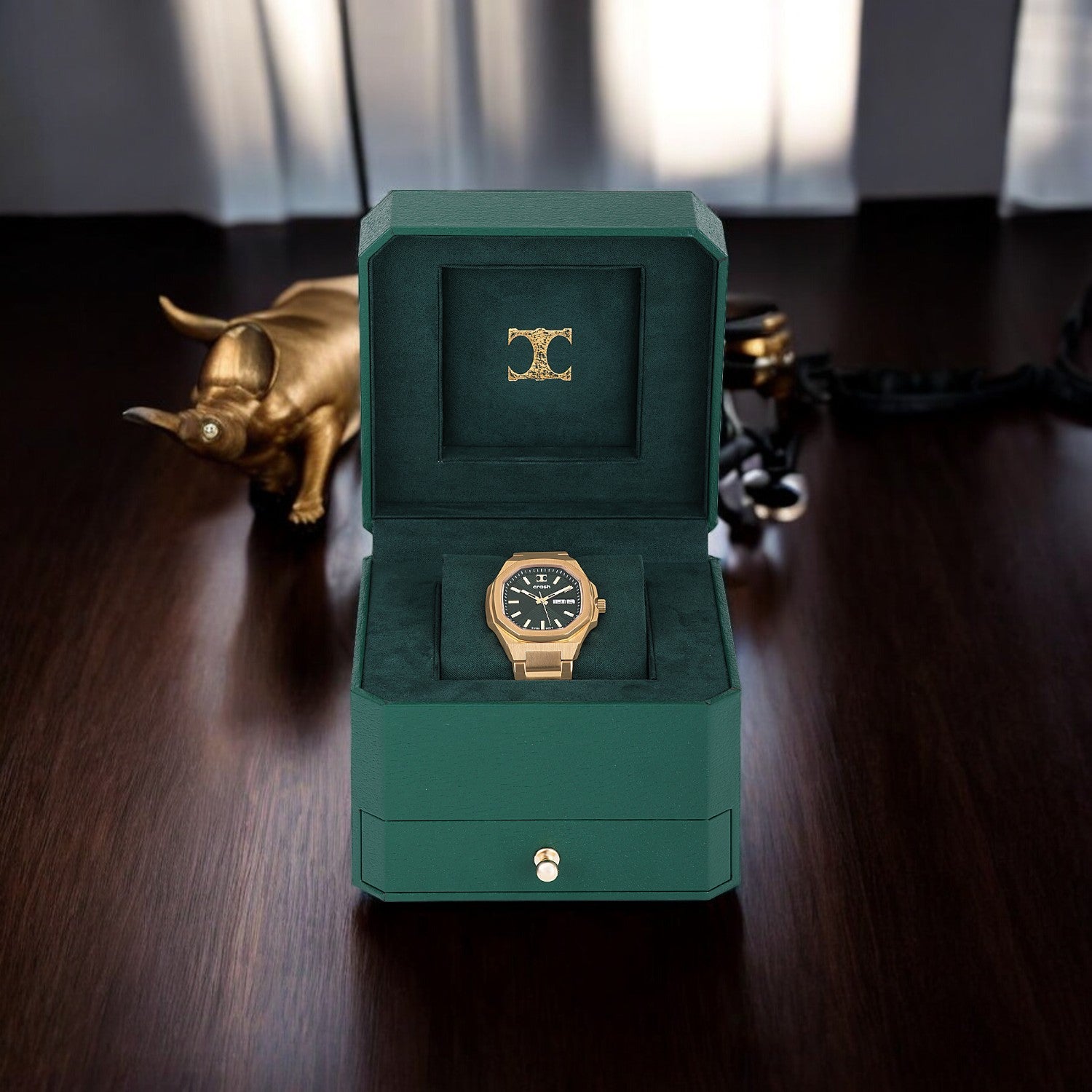 Swiss Movement Octagonal Yellow Gold Stainless Steel Watch For Women with Green Dial by Crash | SKU : ACC2406