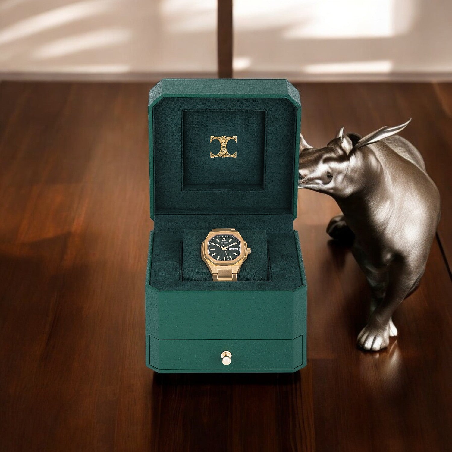 Swiss Movement Octagonal Yellow Gold Stainless Steel Watch For Women with Green Dial by Crash | SKU : ACC2406