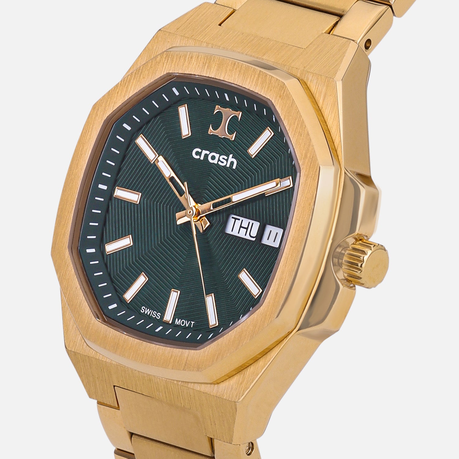 Swiss Movement Octagonal Yellow Gold Stainless Steel Watch For Women with Green Dial by Crash | SKU : ACC2406