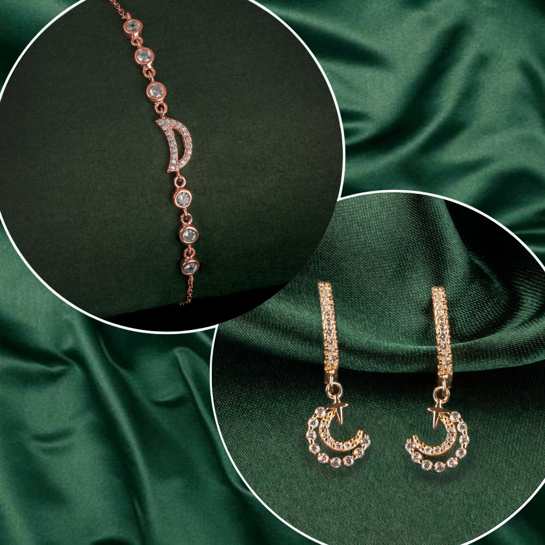 Rose Gold Bracelet Set With Drop Earrings