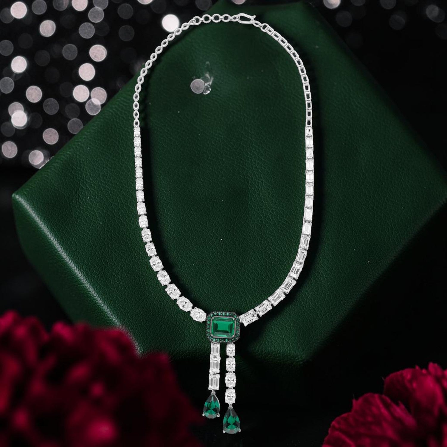 Emerald Green Lab-Grown Diamond Gold Necklace Set with Drop Pendant | SKU :0006640804