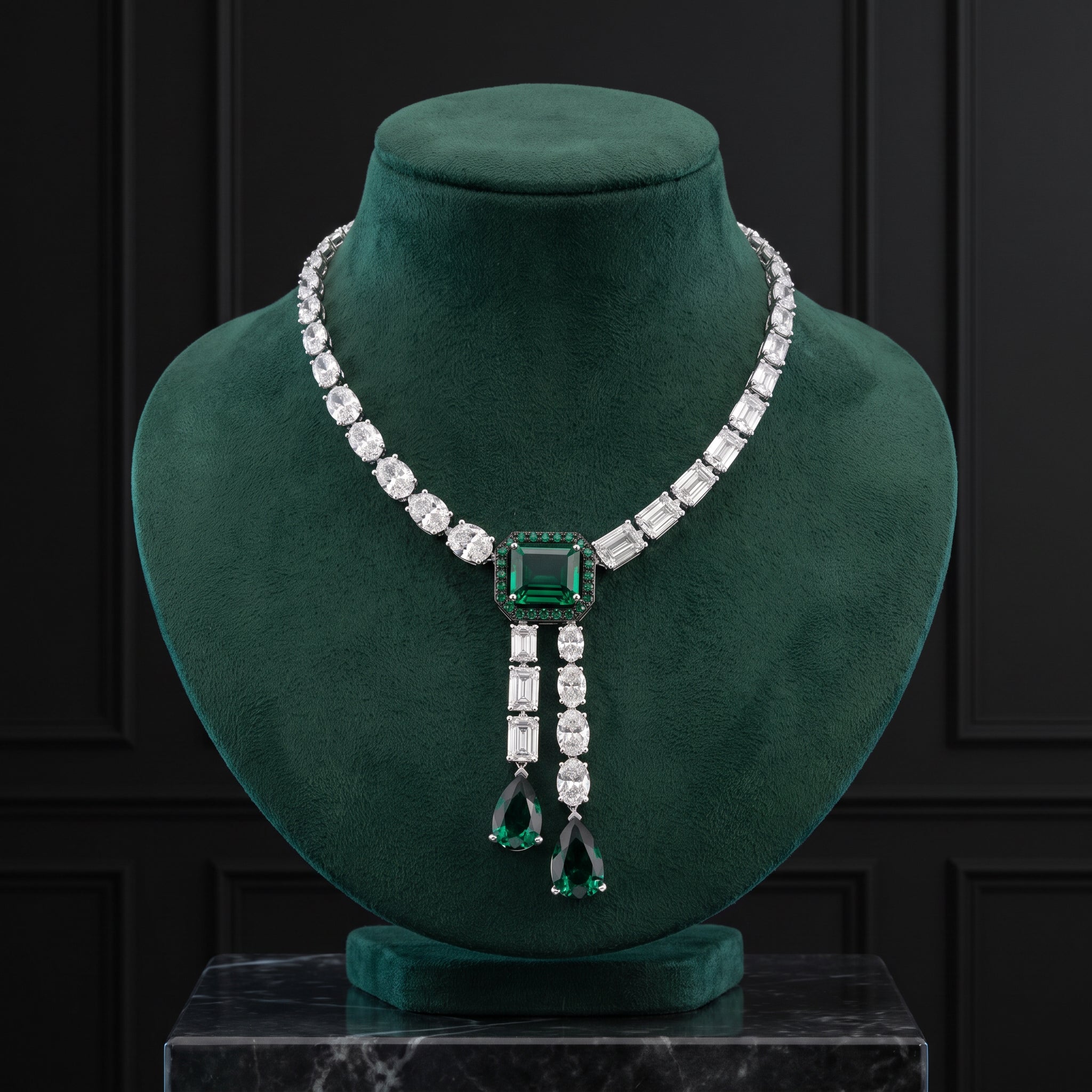 Emerald Green Lab-Grown Diamond Gold Necklace Set with Drop Pendant | SKU :0006640804