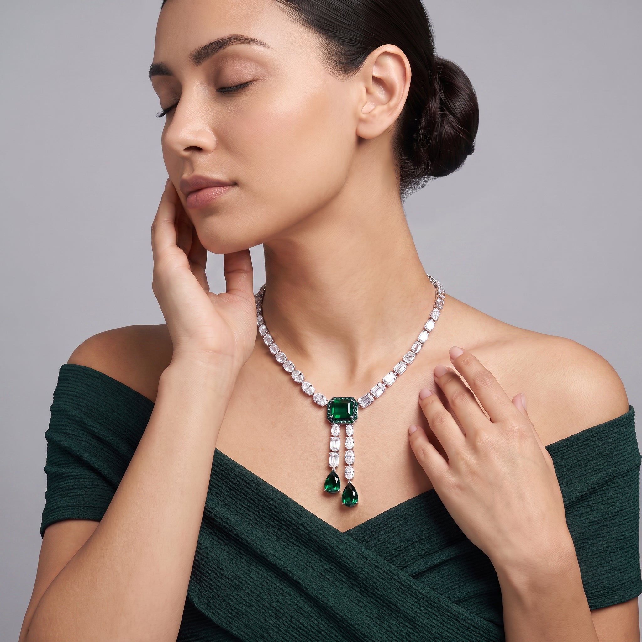 Emerald Green Lab-Grown Diamond Gold Necklace Set with Drop Pendant | SKU :0006640804