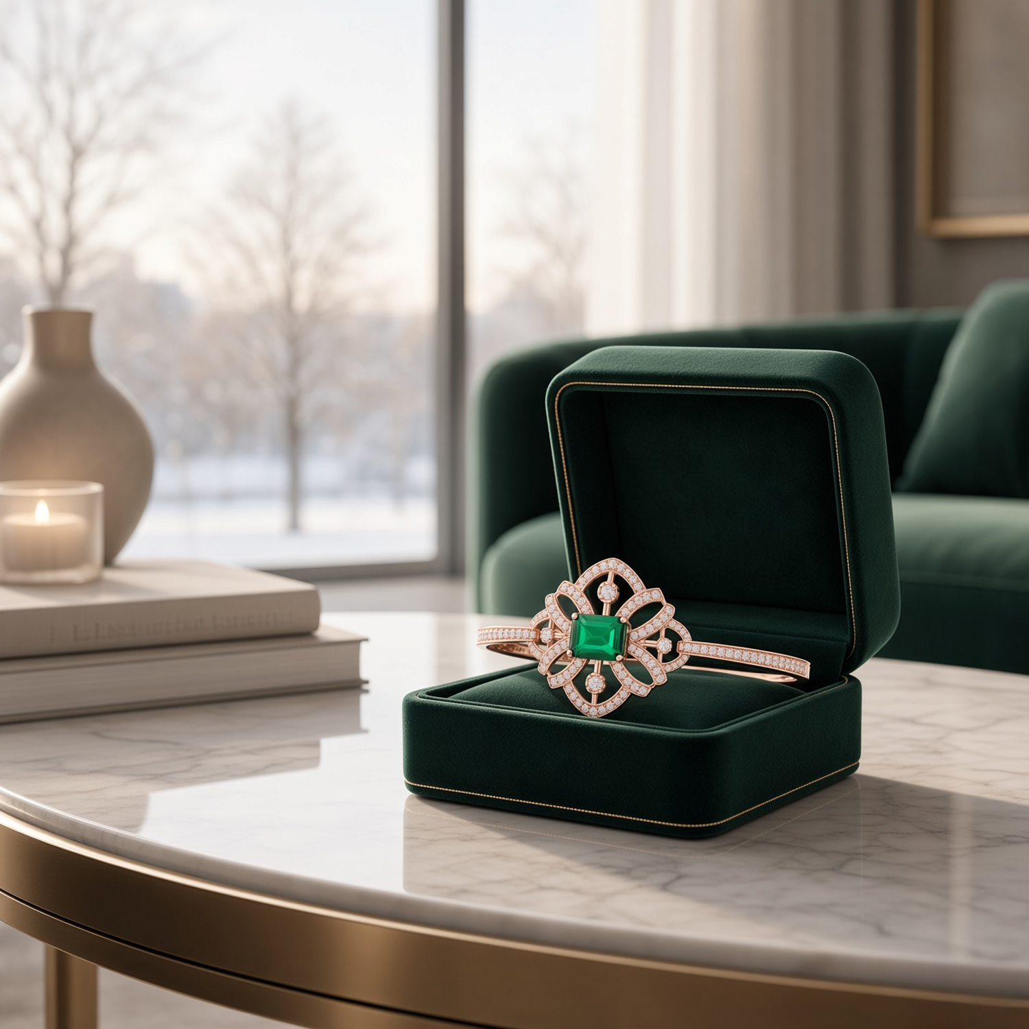 Emerald Bloom Silver-Tone Stiff Cuff Bracelet