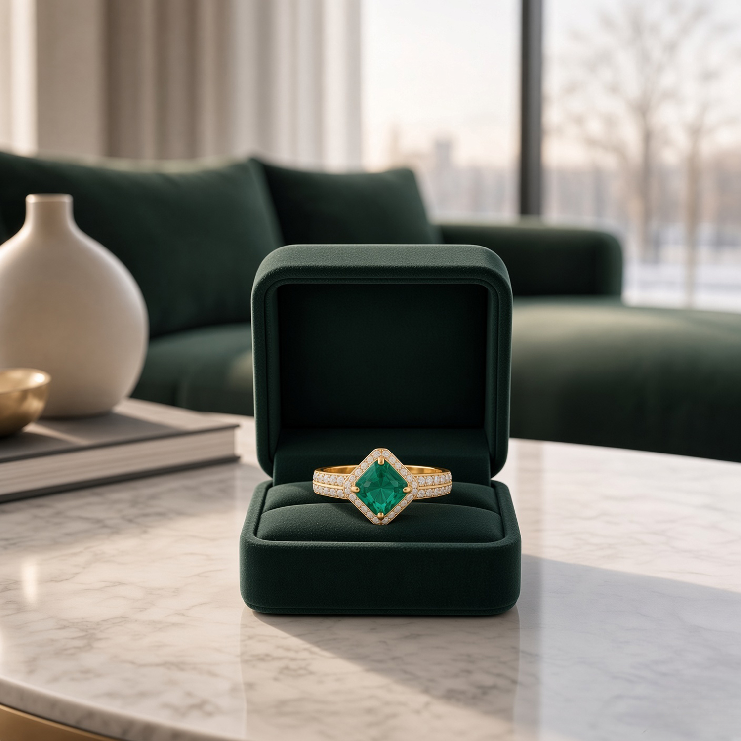 Emerald Green Geometric Halo Sterling Silver Ring | SKU: 0006686994