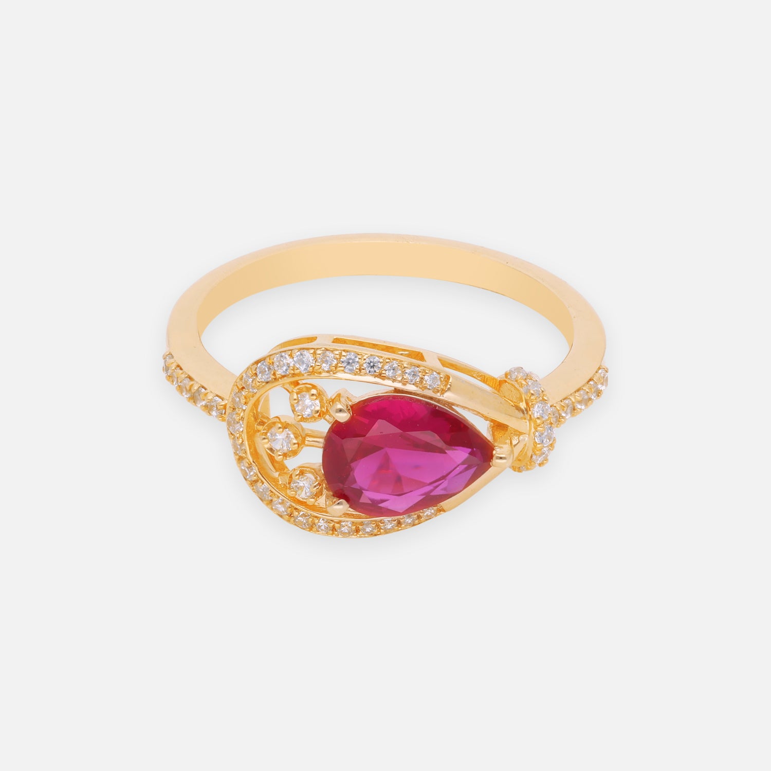 Ruby Red Pear Cut Halo Sterling Silver Ring with Openwork Design | SKU: 0006687021