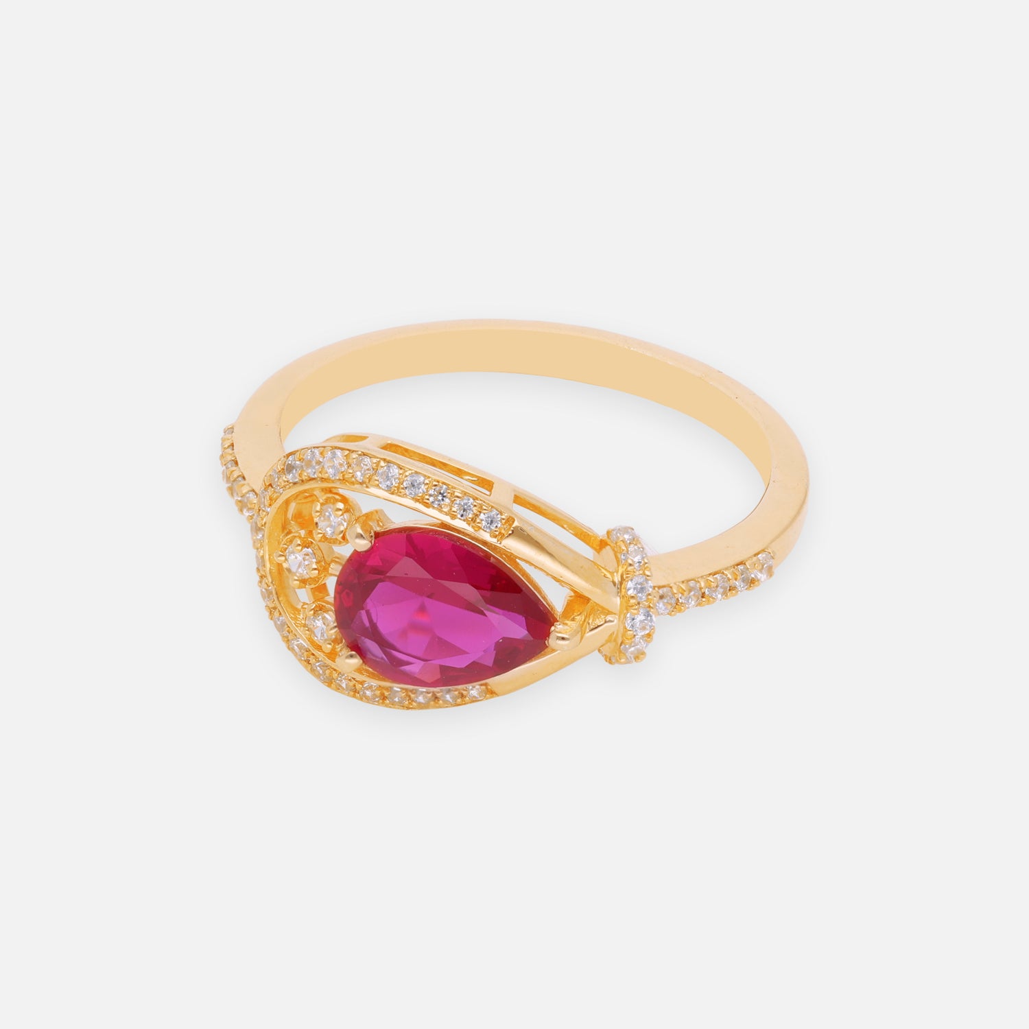 Ruby Red Pear Cut Halo Sterling Silver Ring with Openwork Design | SKU: 0006687021
