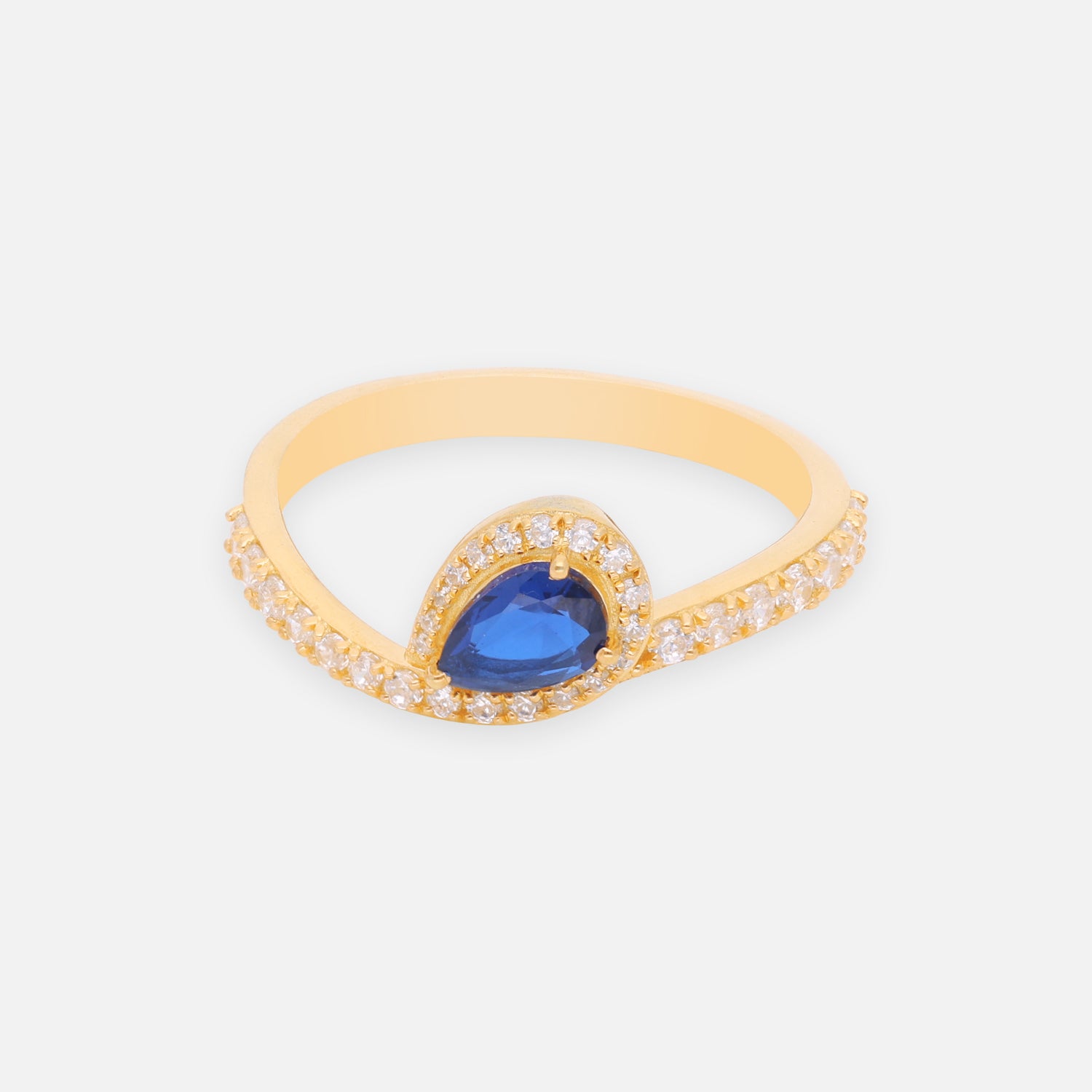 Blue Sapphire Pear Cut Halo Sterling Silver Ring with Pavé Band | SKU: 0006687045