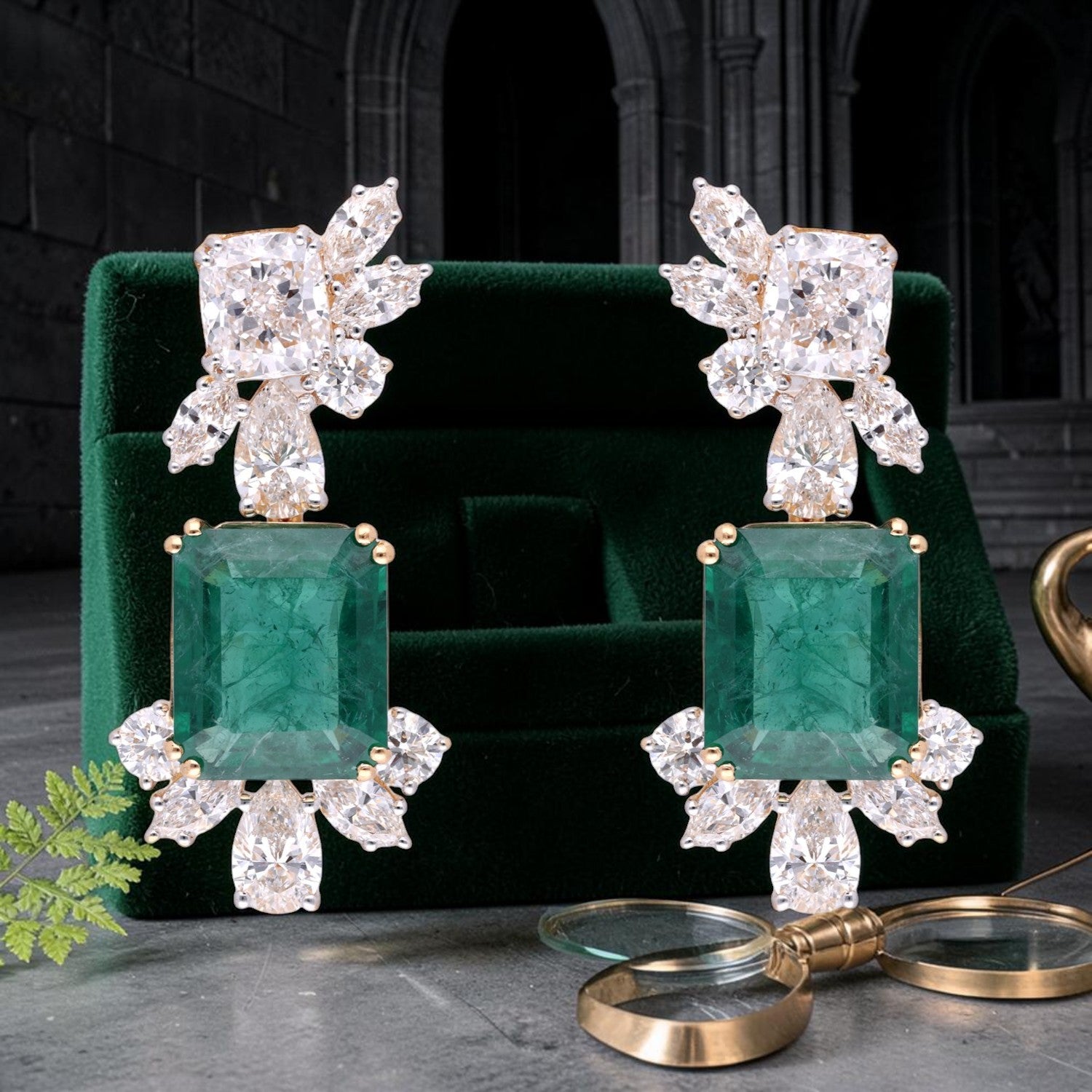 Emerald Green Gold Drop Earrings with Lab-Grown Diamonds | SKU 0006704643