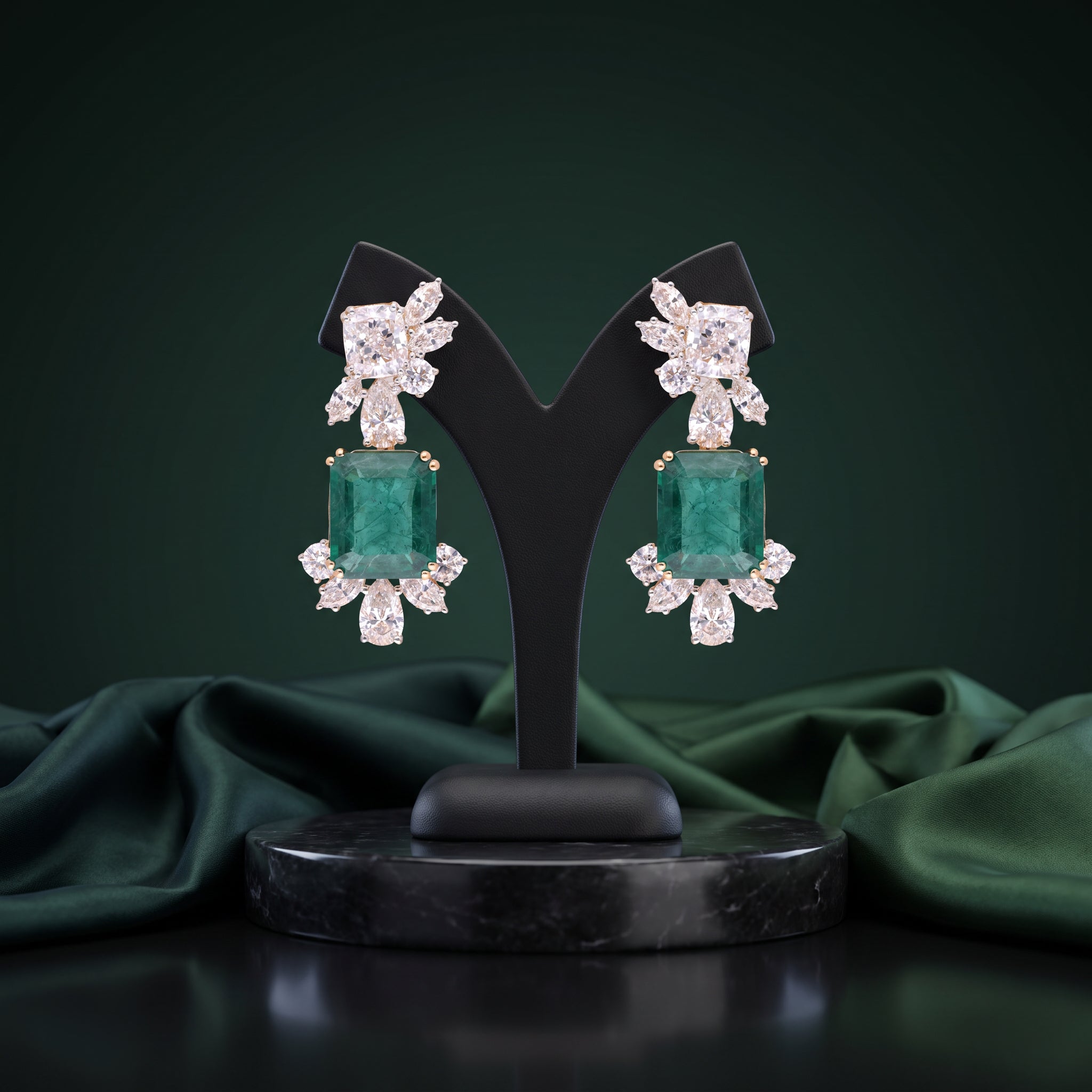 Emerald Green Gold Drop Earrings with Lab-Grown Diamonds | SKU 0006704643